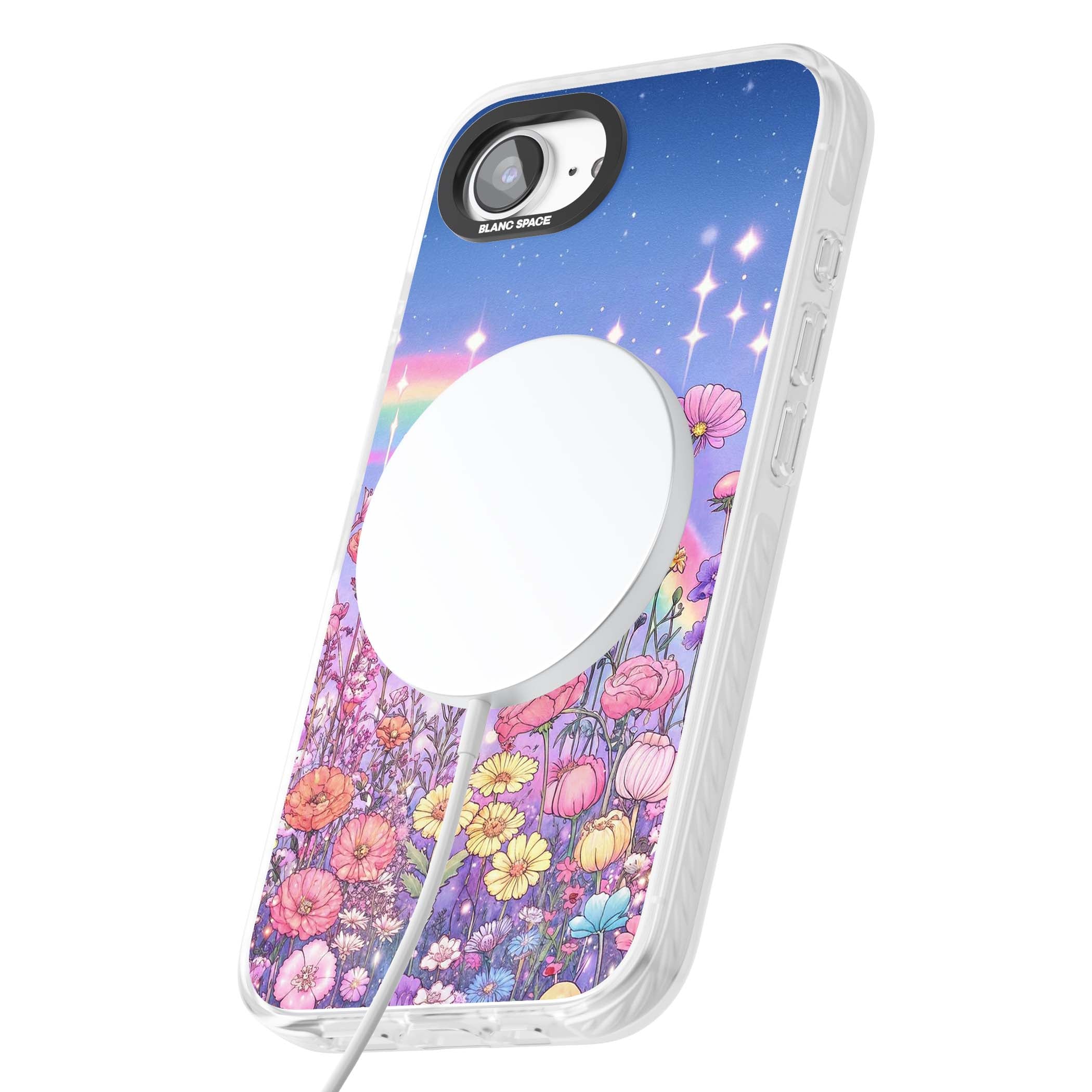 Magical Meadow fairycore iPhone case featuring a pastel rainbow, sparkling stars and a wildflower meadow | Impact Magsafe case for iPhone 16e, iPhone 17e