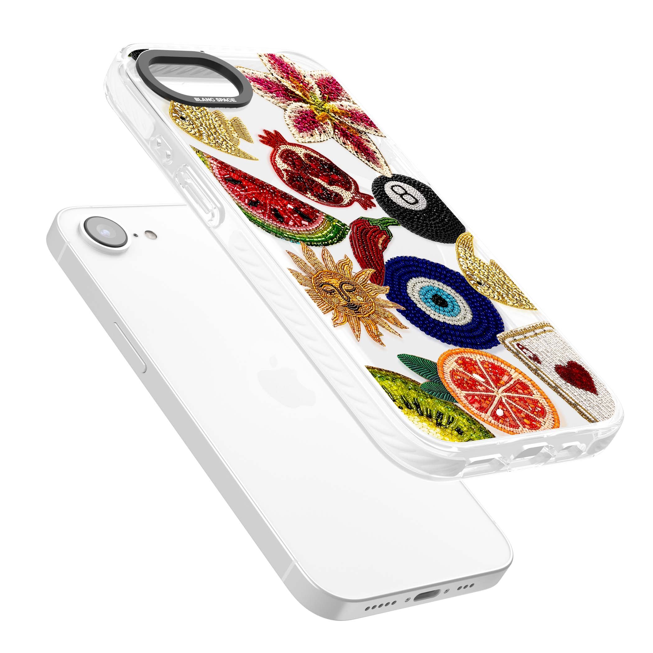 Beaded Charms embroidery iPhone case featuring beaded evil eye, fruit patches and a golden sun motif | Impact Magsafe case for iPhone 16e, iPhone 17e