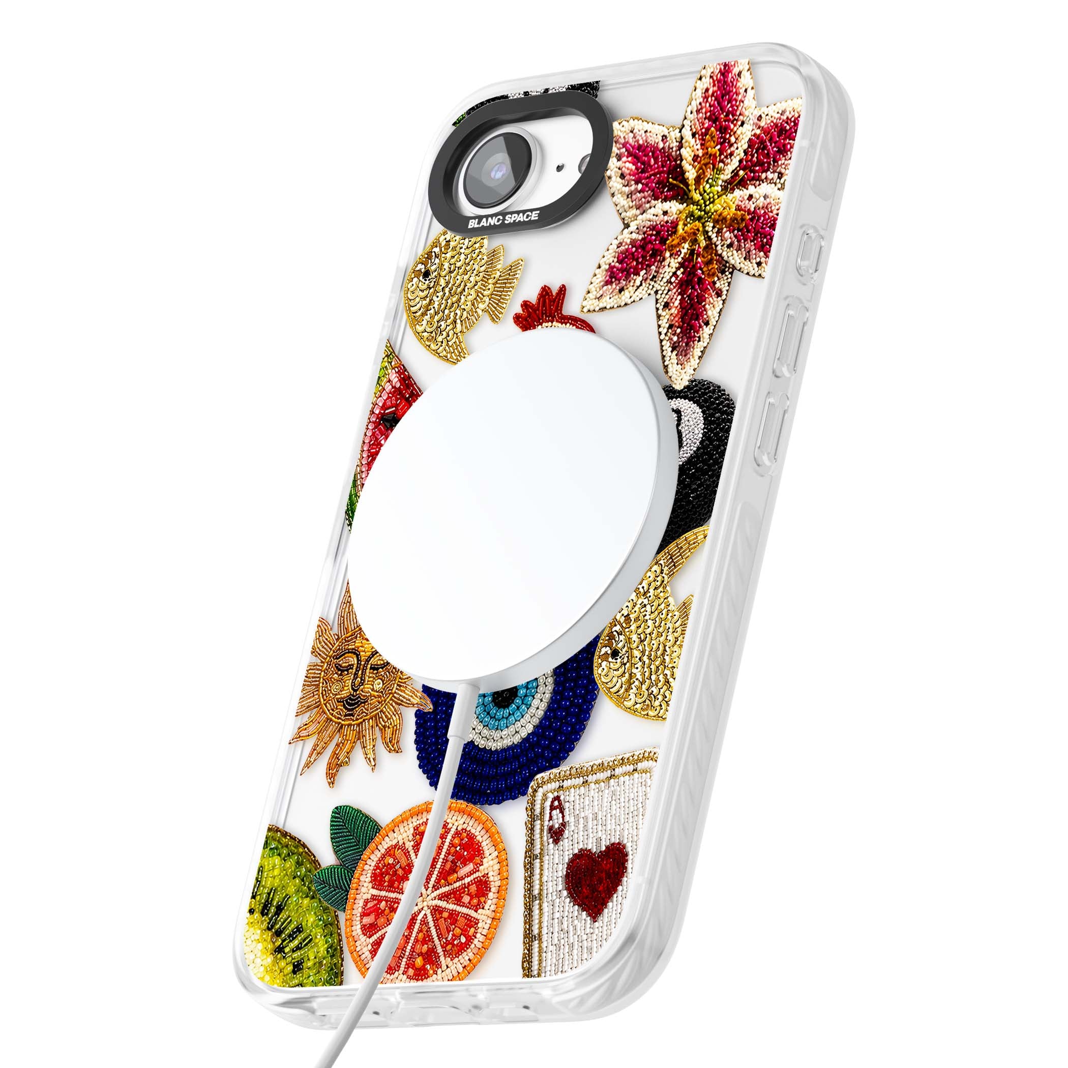 Beaded Charms embroidery iPhone case featuring beaded evil eye, fruit patches and a golden sun motif | Impact Magsafe case for iPhone 16e, iPhone 17e