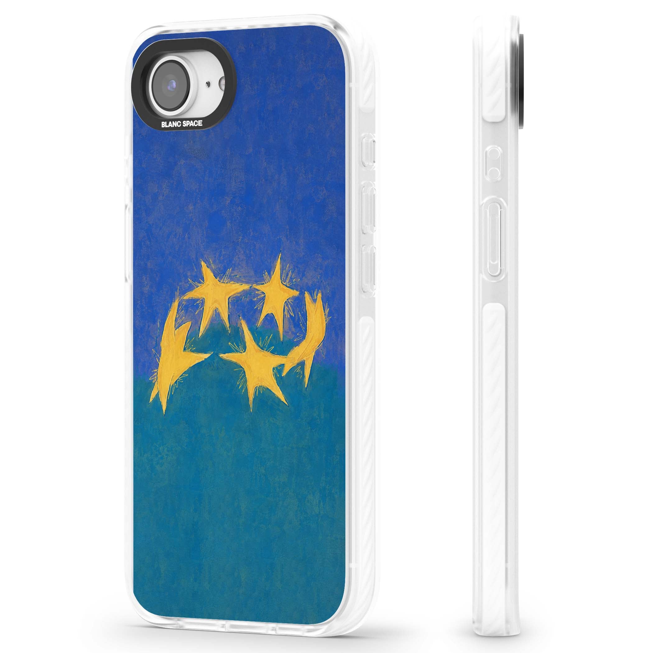 Star Boogie stars aesthetic iPhone case featuring five yellow hand-painted stars on cobalt blue and teal | Impact Magsafe case for iPhone 16e, iPhone 17e