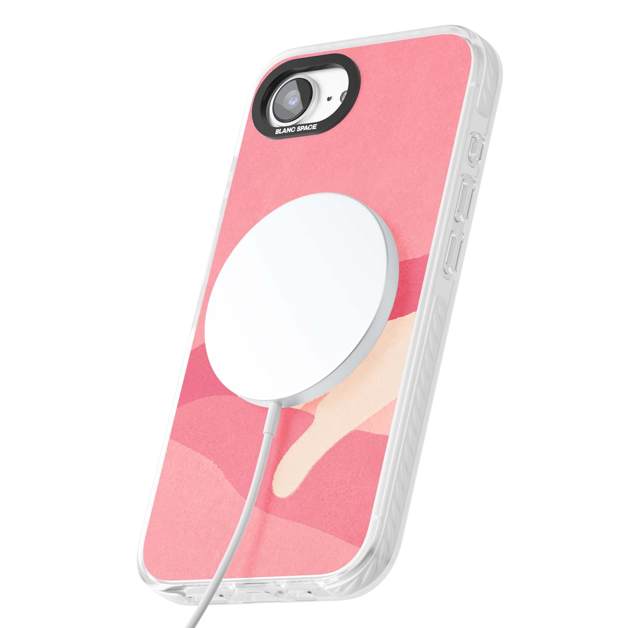 Pink Dreams cute cat iPhone case featuring a white kitten, soft pink hills and a pale pastel sun | Impact Magsafe case for iPhone 16e, iPhone 17e