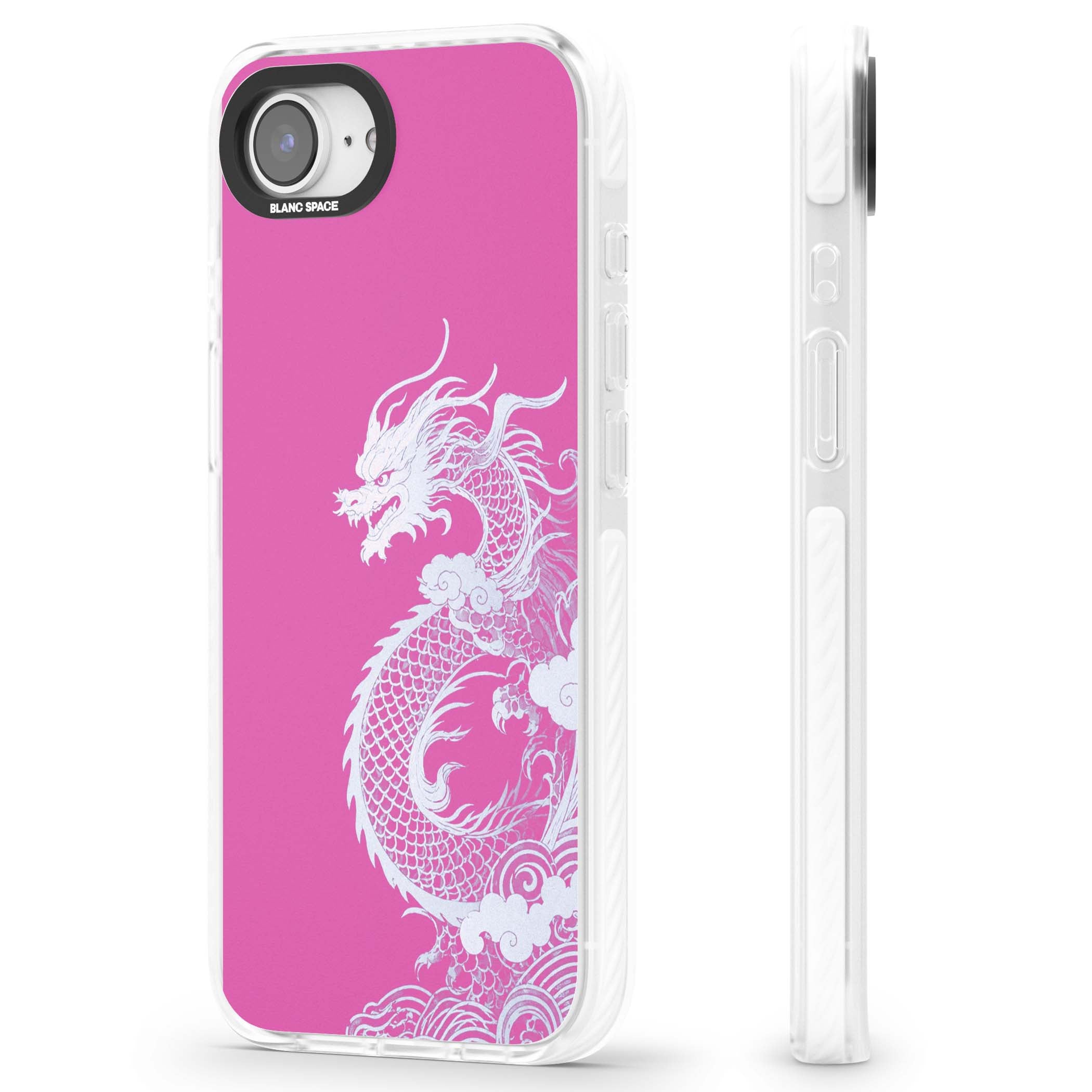 Pink Empress chinese dragon iPhone case featuring a white dragon, swirling clouds and pink dragon wallpaper backdrop | Impact Magsafe case for iPhone 16e, iPhone 17e