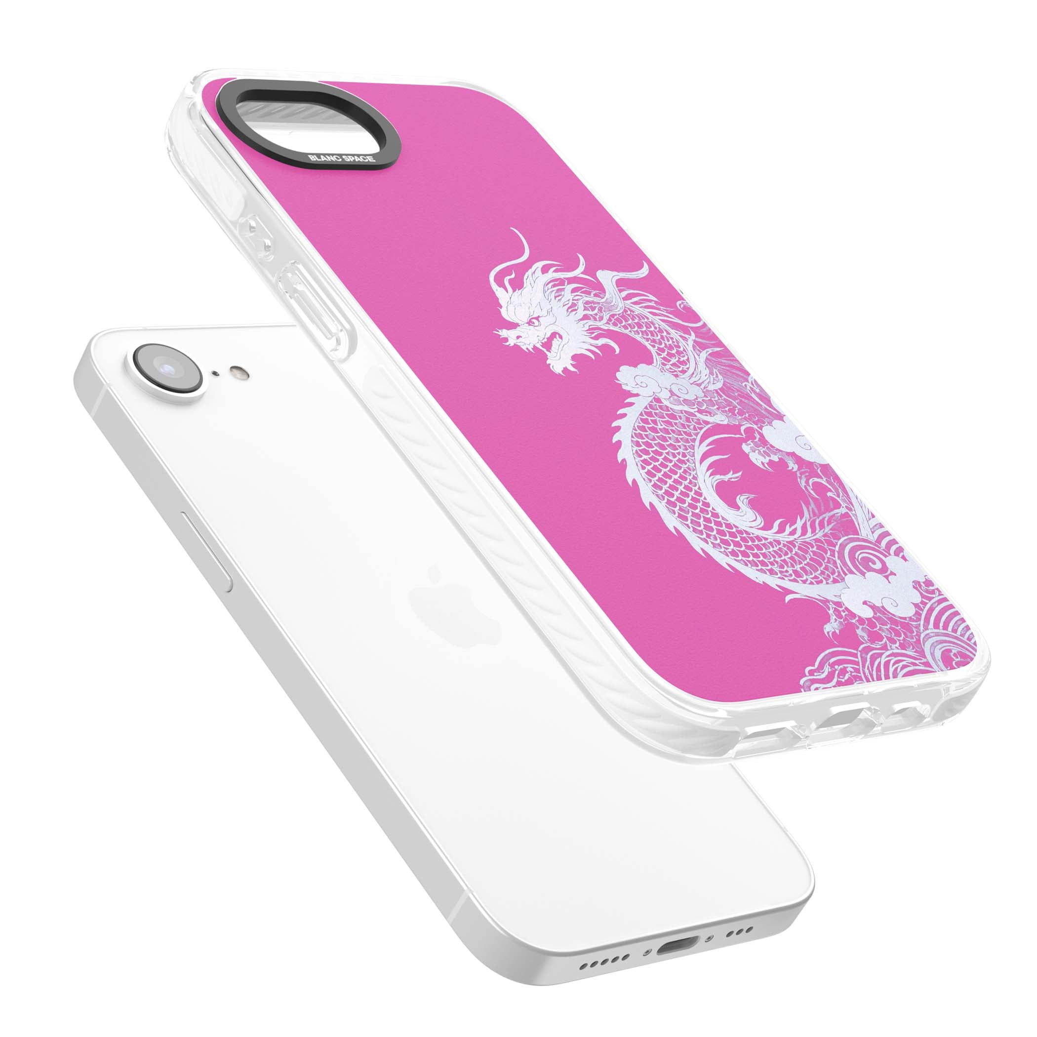 Pink Empress chinese dragon iPhone case featuring a white dragon, swirling clouds and pink dragon wallpaper backdrop | Impact Magsafe case for iPhone 16e, iPhone 17e