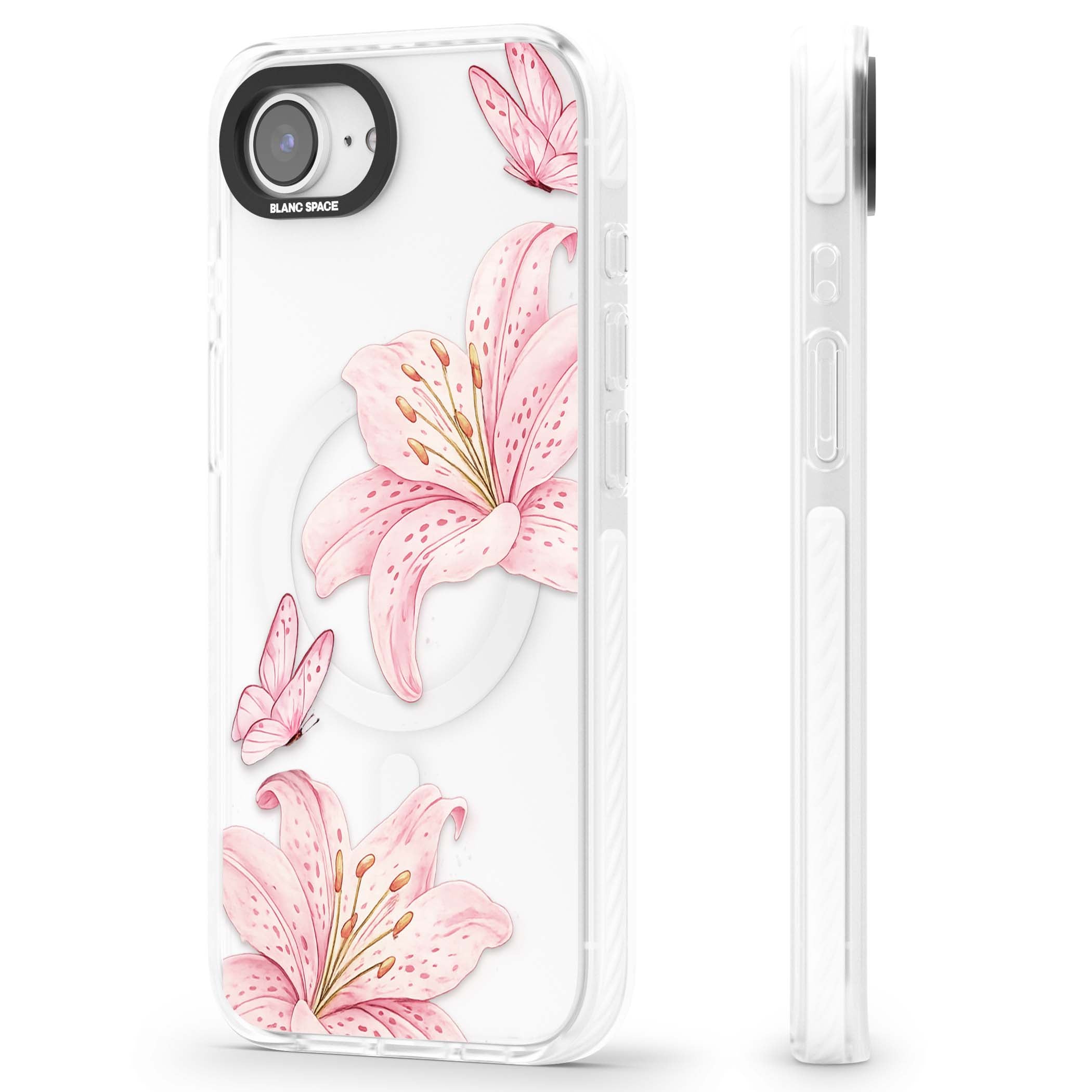 Lily Whisper floral iPhone case featuring pink watercolour lilies and delicate butterflies on a clear background | Impact Magsafe case for iPhone 16e, iPhone 17e