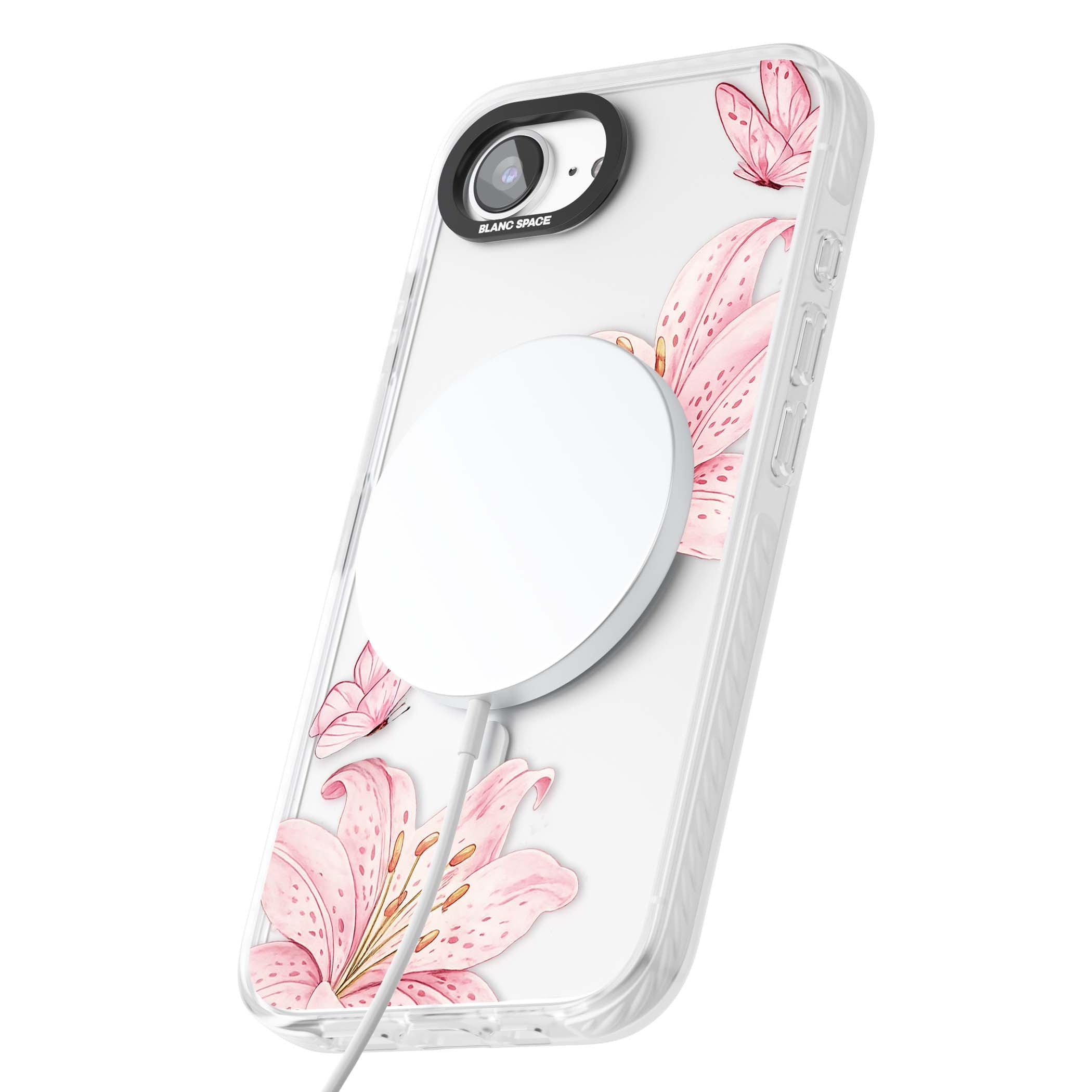 Lily Whisper floral iPhone case featuring pink watercolour lilies and delicate butterflies on a clear background | Impact Magsafe case for iPhone 16e, iPhone 17e