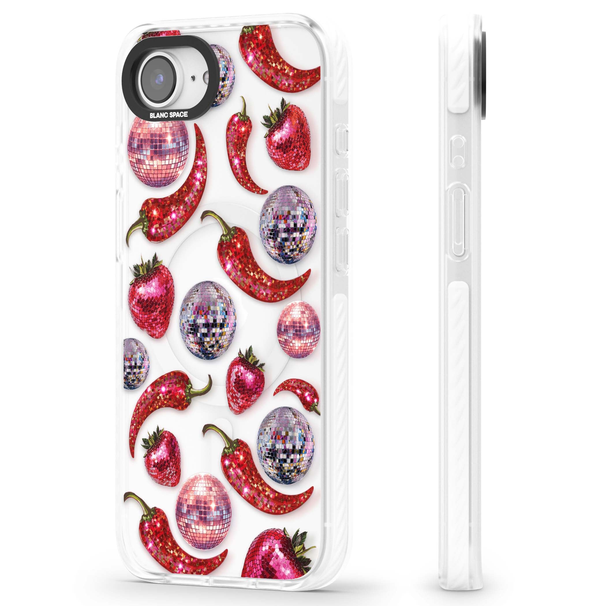 Spicy Disco Y2K iPhone case featuring glitter disco balls, sparkly strawberries and red chilli peppers | Impact Magsafe case for iPhone 16e, iPhone 17e