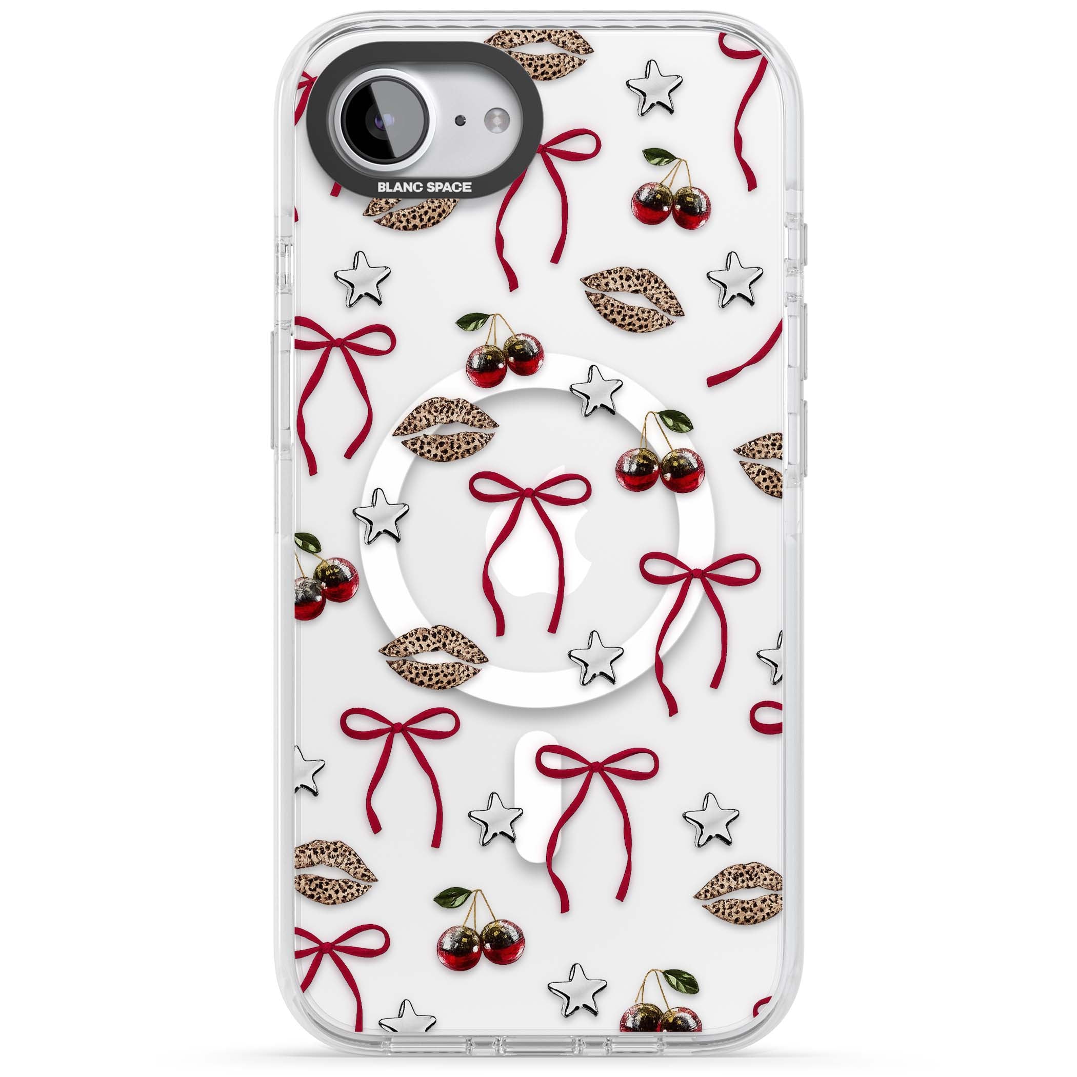 Starlet coquette iPhone case featuring red ribbon bows, disco cherries and leopard-print lips | Impact Magsafe case for iPhone 16e, iPhone 17e