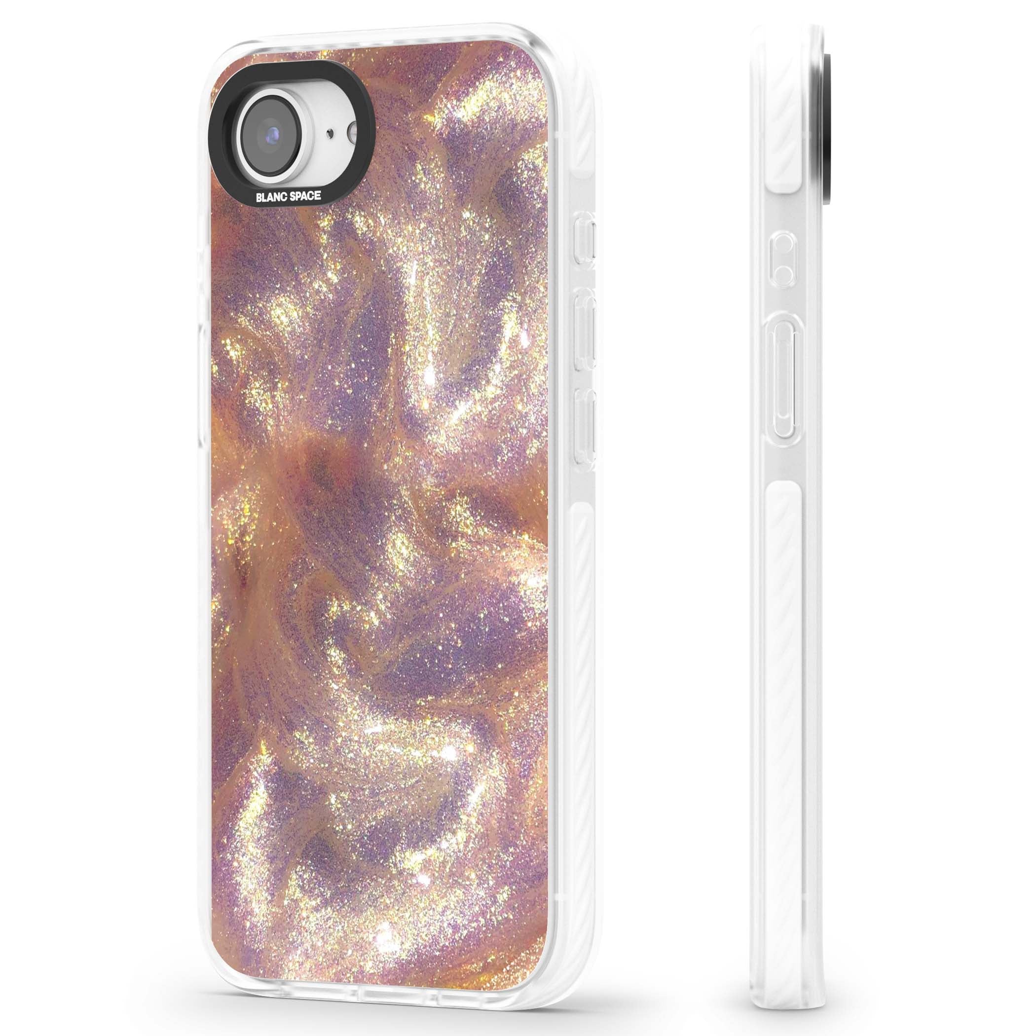 Shimmer marble iPhone case featuring rose gold glitter swirls, lilac shimmer and iridescent pearl finish | Impact Magsafe case for iPhone 16e, iPhone 17e
