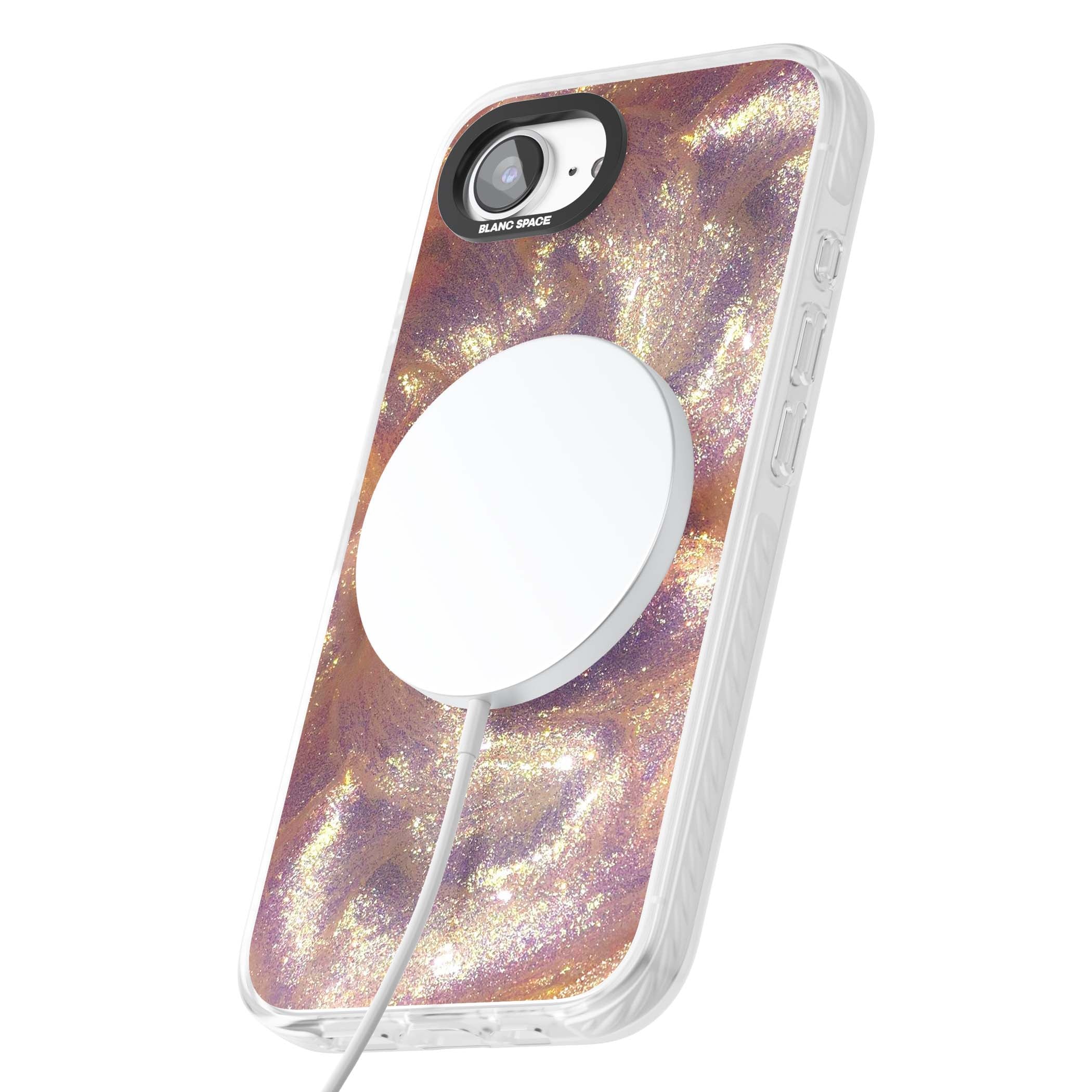 Shimmer marble iPhone case featuring rose gold glitter swirls, lilac shimmer and iridescent pearl finish | Impact Magsafe case for iPhone 16e, iPhone 17e