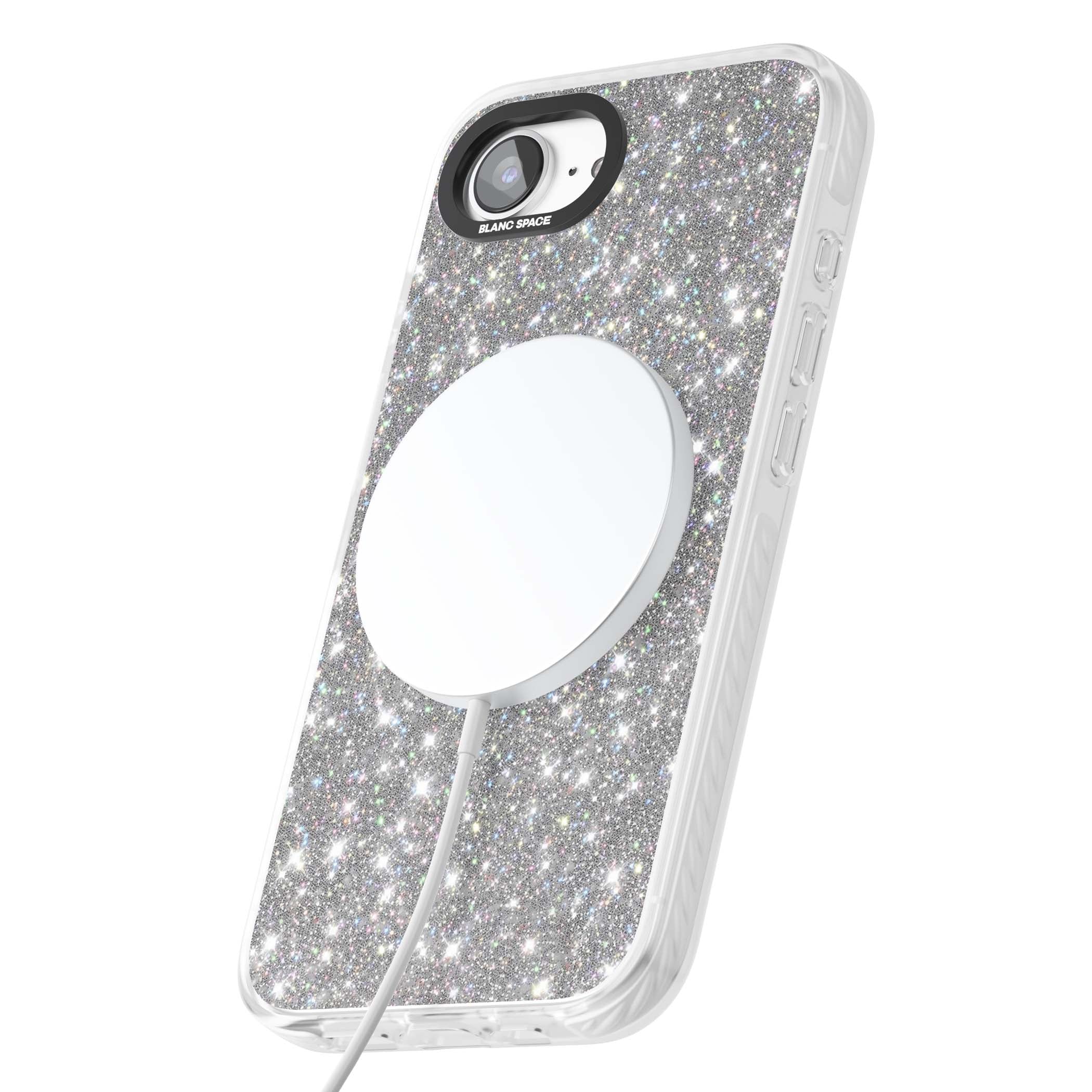 Diamond glam iPhone case featuring silver glitter sparkle and shimmering diamond dust effect | Impact Magsafe case for iPhone 16e, iPhone 17e