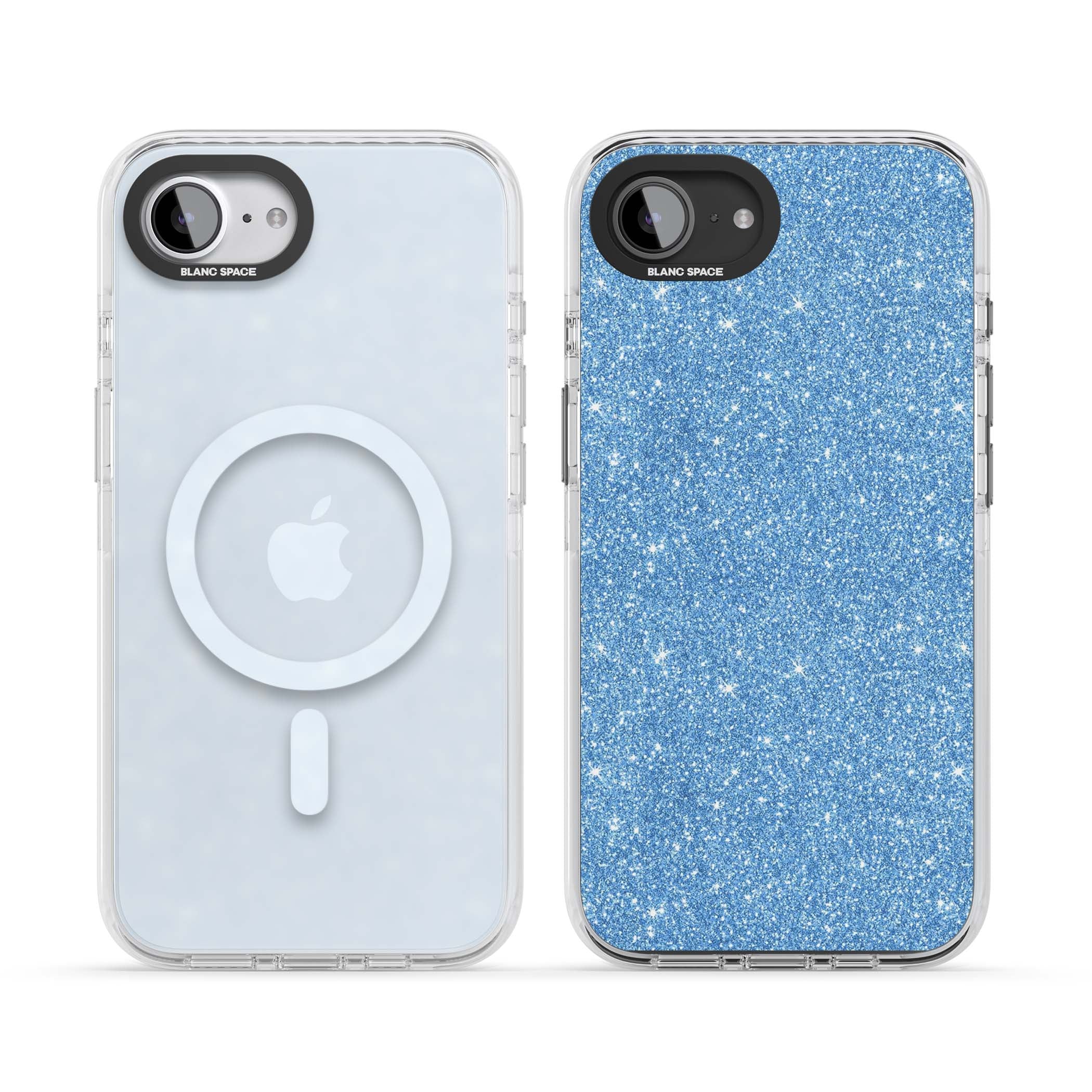 Blue Glitter blue glitter iPhone case featuring dense sparkling cerulean glitter with a glamorous shimmering finish | Impact Magsafe case for iPhone 16e, iPhone 17e