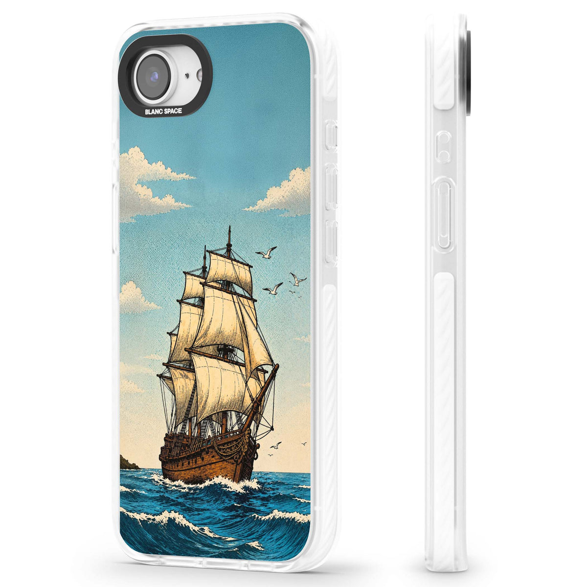 Ship at Sea nautical iPhone case featuring a vintage tall ship, ocean waves and seagulls | Impact Magsafe case for iPhone 16e, iPhone 17e
