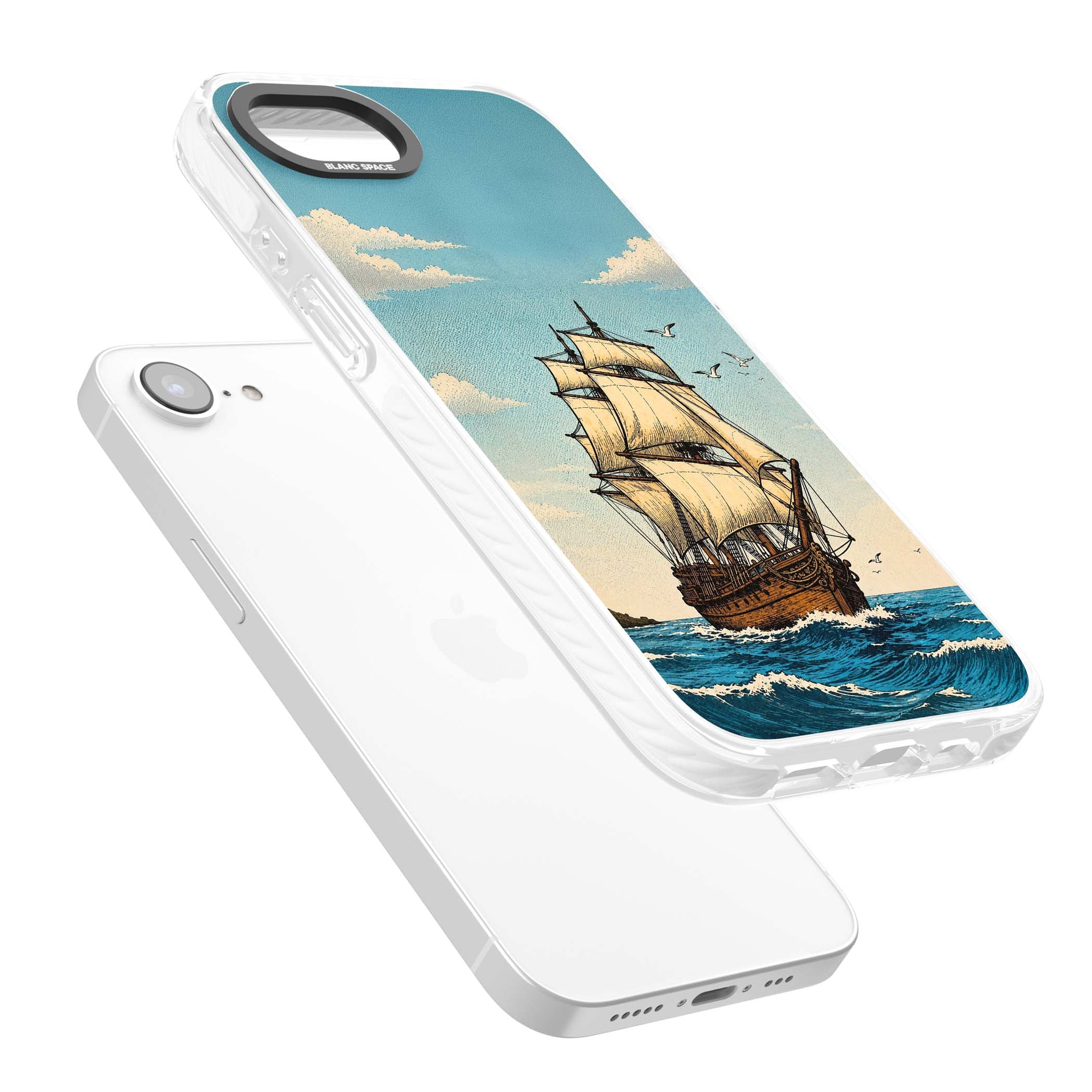 Ship at Sea nautical iPhone case featuring a vintage tall ship, ocean waves and seagulls | Impact Magsafe case for iPhone 16e, iPhone 17e