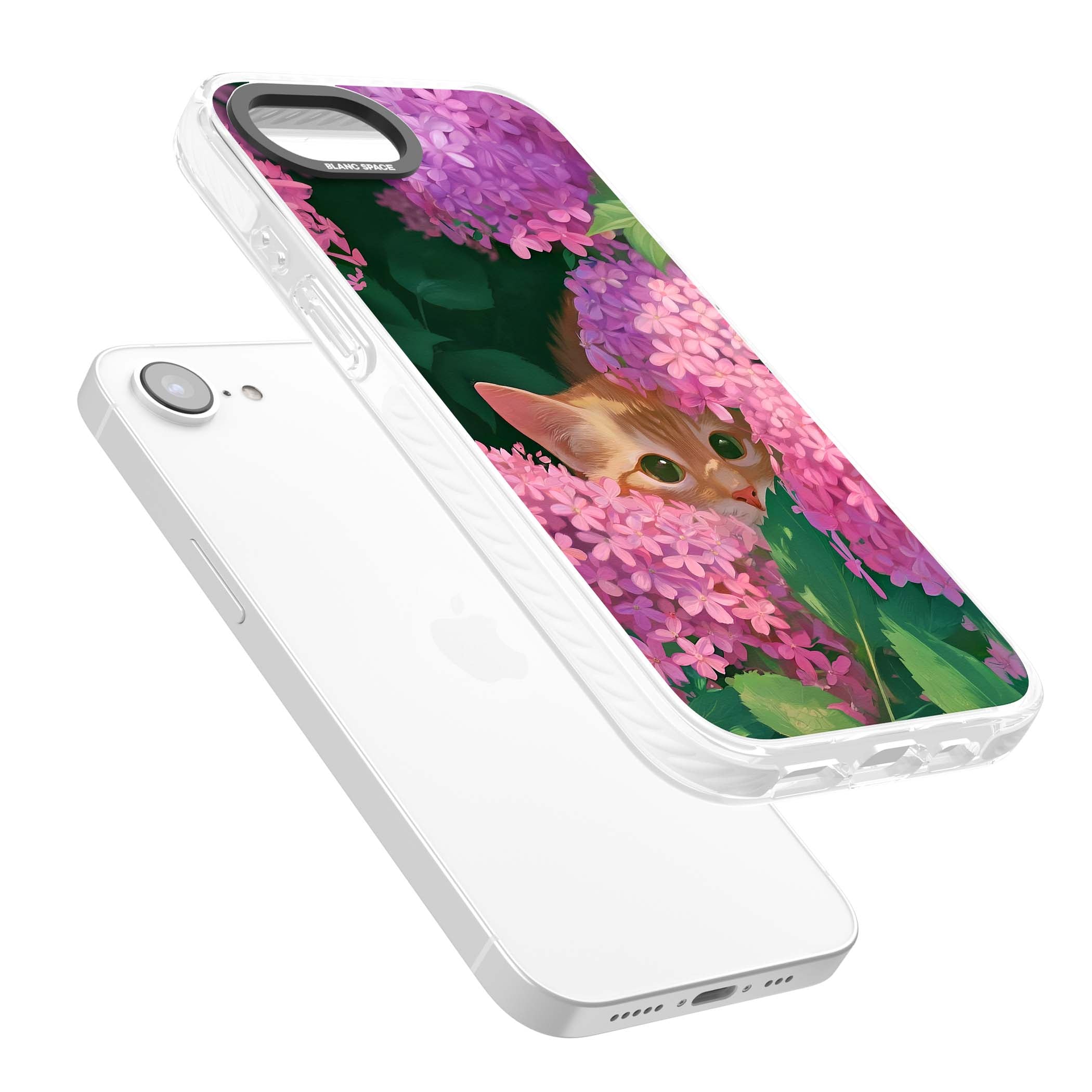 Cat In Pink Flowers cottagecore iPhone case featuring a ginger kitten peeking through lilac and pink hydrangea flo | Impact Magsafe case for iPhone 16e, iPhone 17e