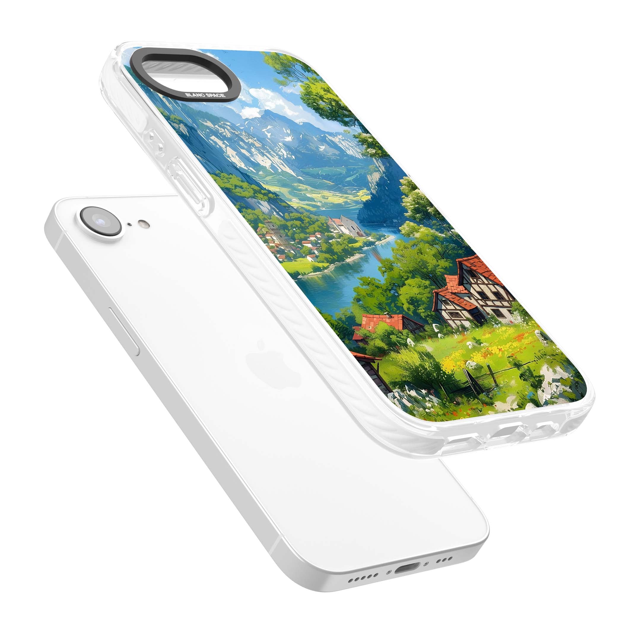 Village In The Valley anime iPhone case featuring a painted mountain village, river valley and half-timbered cottages. | Impact Magsafe case for iPhone 16e, iPhone 17e