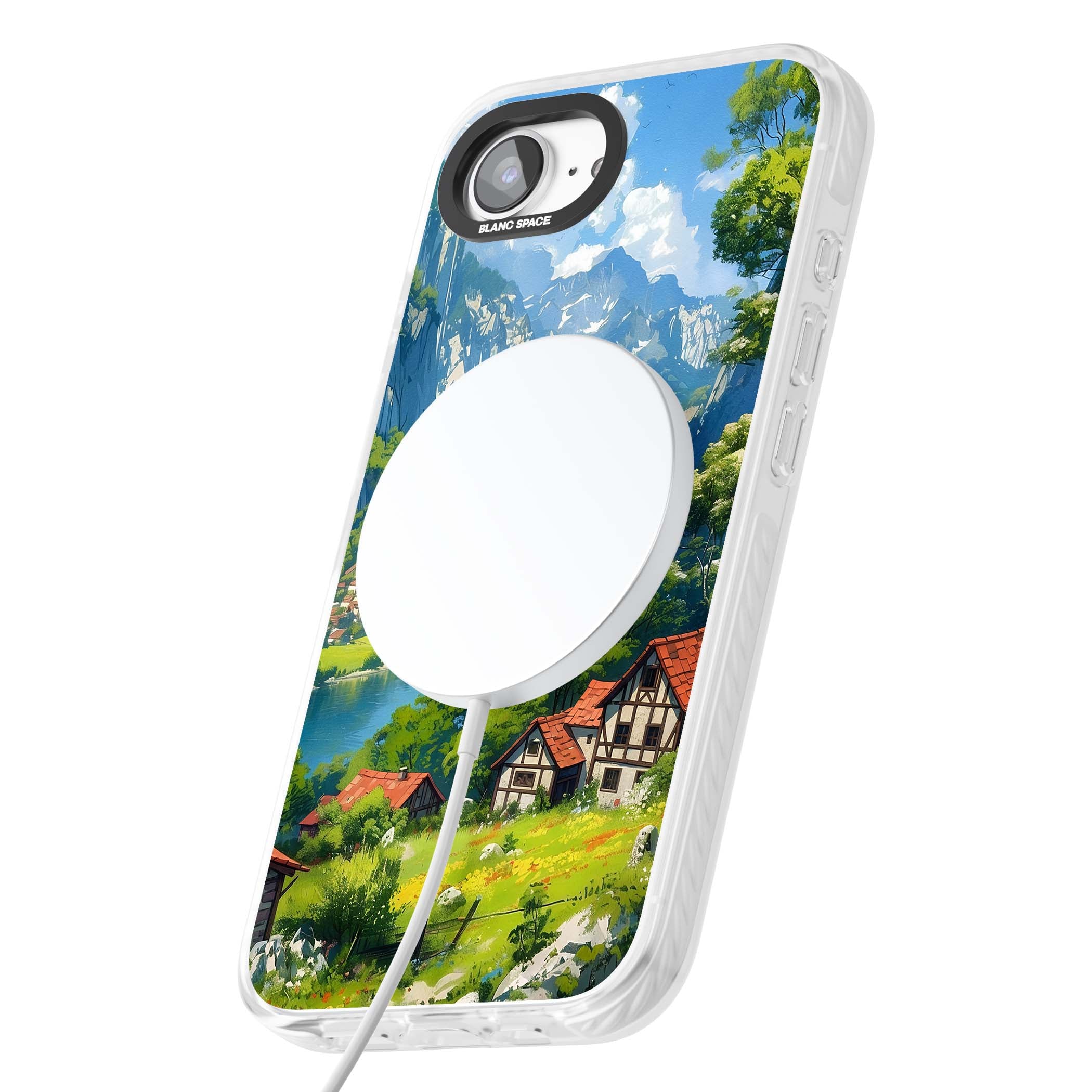 Village In The Valley anime iPhone case featuring a painted mountain village, river valley and half-timbered cottages. | Impact Magsafe case for iPhone 16e, iPhone 17e