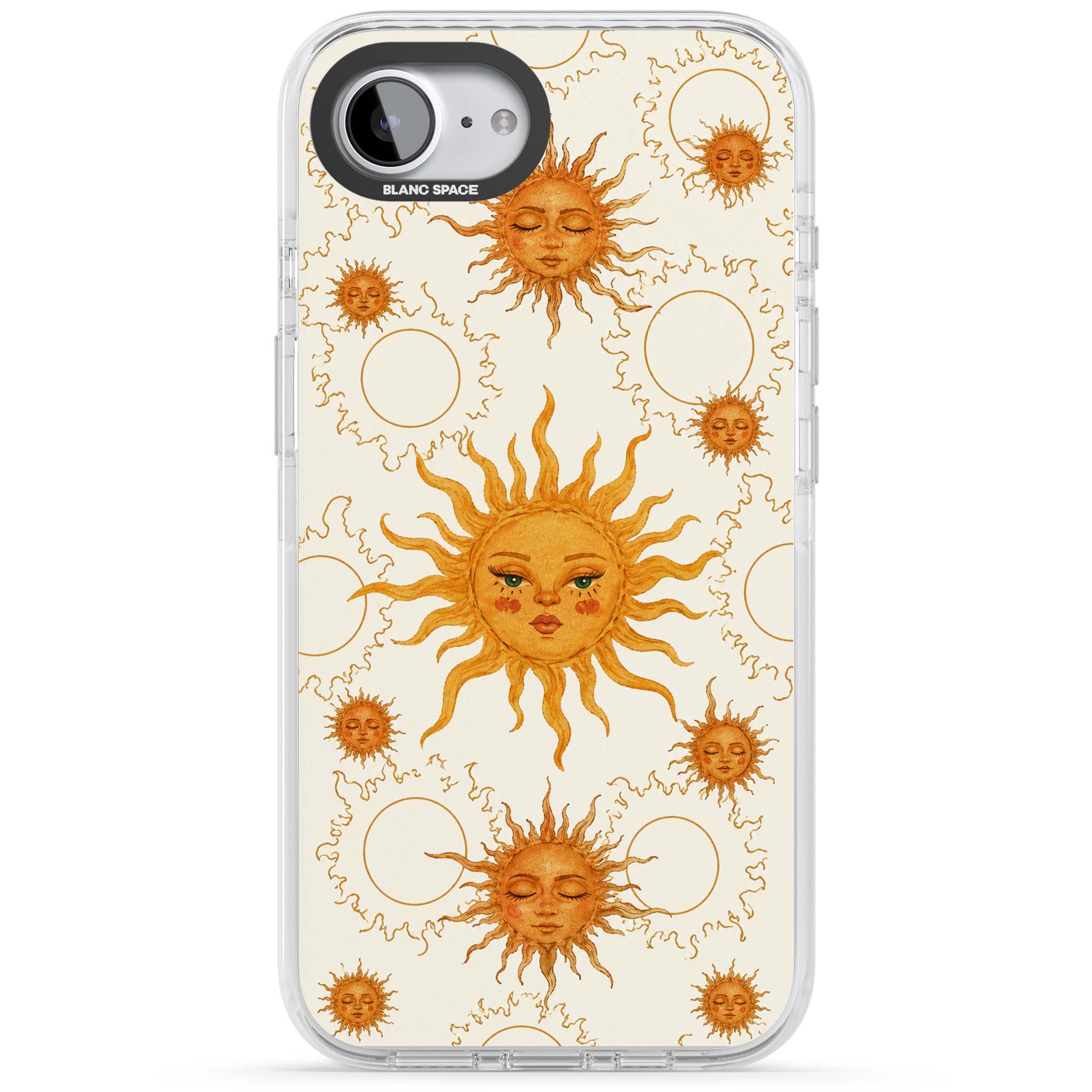 Solstice Muse celestial iPhone case featuring hand-painted golden sun faces, closed-eye sun goddesses and outlined moons... | Impact Magsafe case for iPhone 16e, iPhone 17e