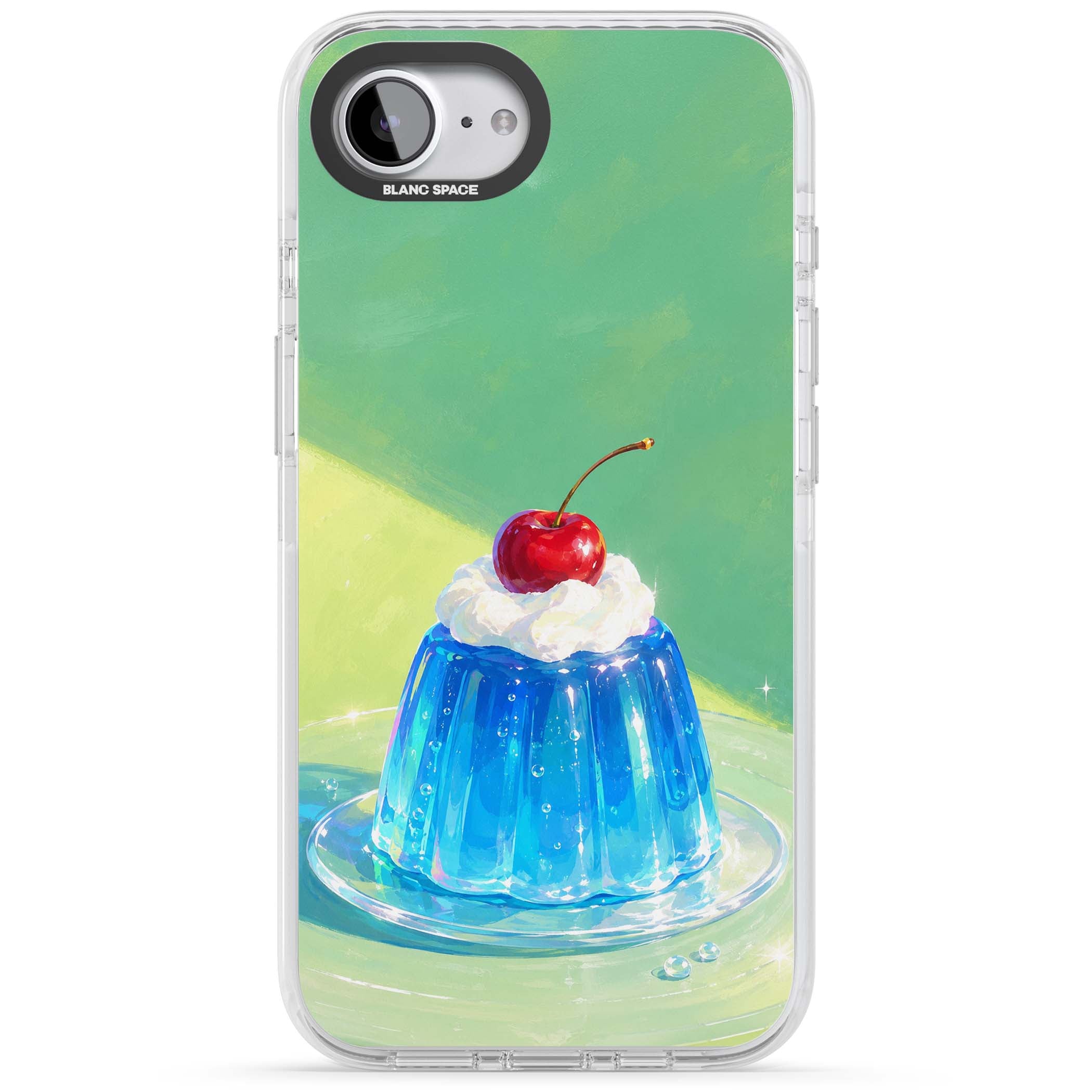 Cherry Jelly kawaii dessert iPhone case featuring blue jelly pudding, whipped cream and a red cherry | Impact Magsafe case for iPhone 16e, iPhone 17e