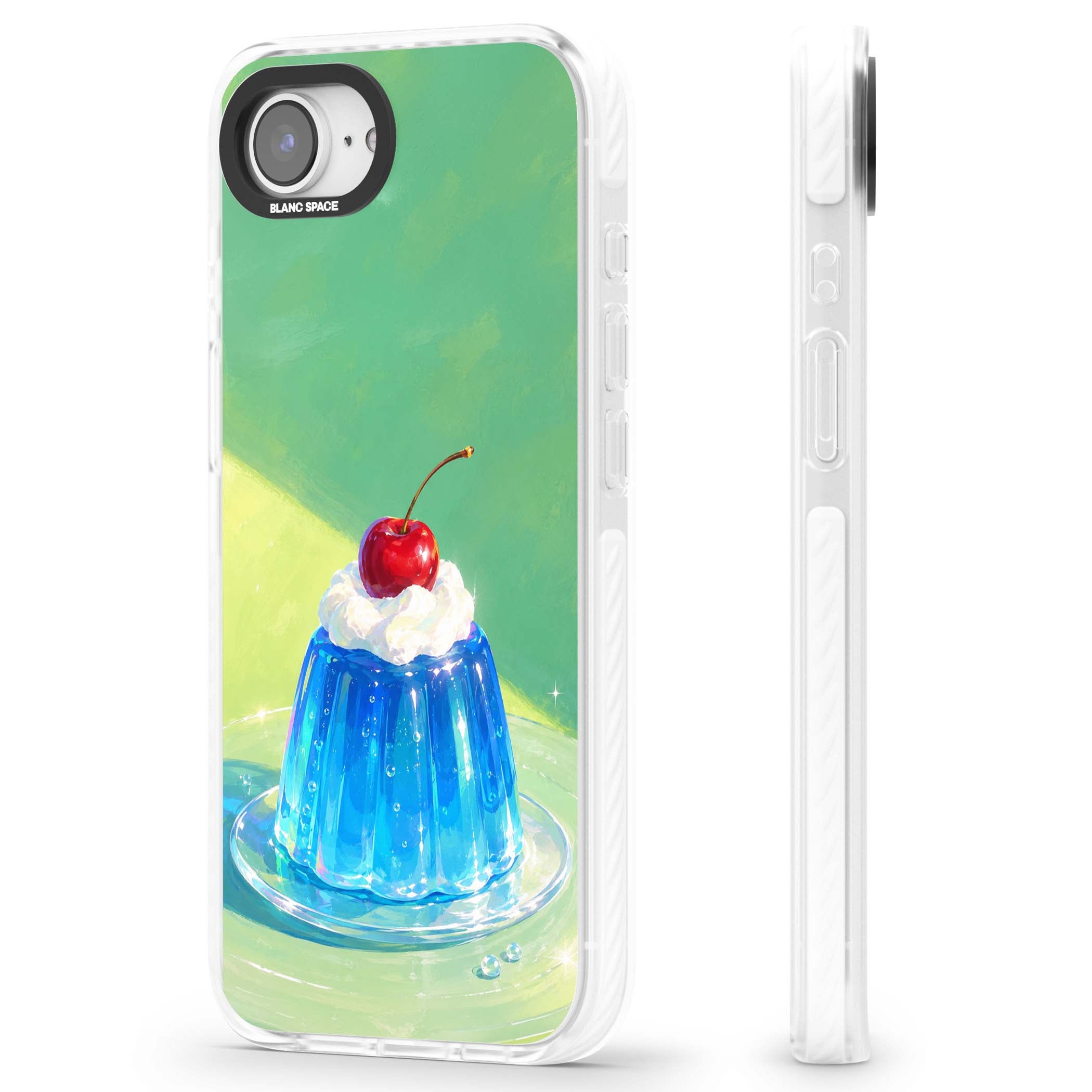 Cherry Jelly kawaii dessert iPhone case featuring blue jelly pudding, whipped cream and a red cherry | Impact Magsafe case for iPhone 16e, iPhone 17e
