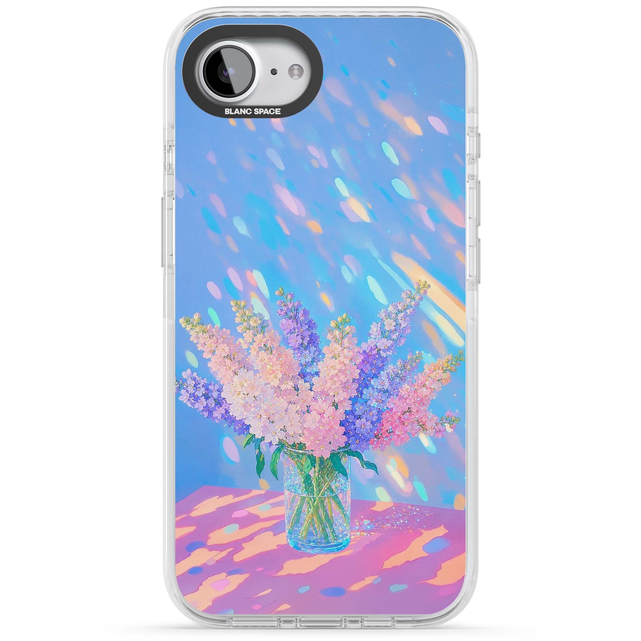 Bubblegum Flowers floral iPhone case featuring pastel lilac and pink bouquet in a glass vase with iridescent light | Impact Magsafe case for iPhone 16e, iPhone 17e