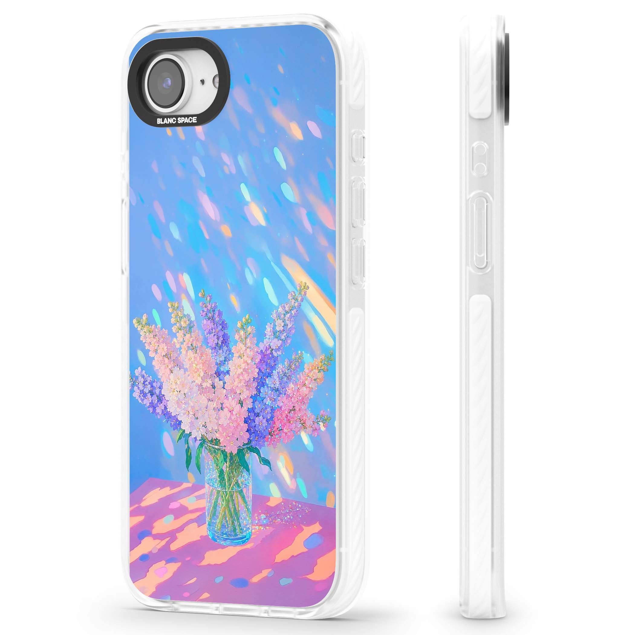 Bubblegum Flowers floral iPhone case featuring pastel lilac and pink bouquet in a glass vase with iridescent light | Impact Magsafe case for iPhone 16e, iPhone 17e