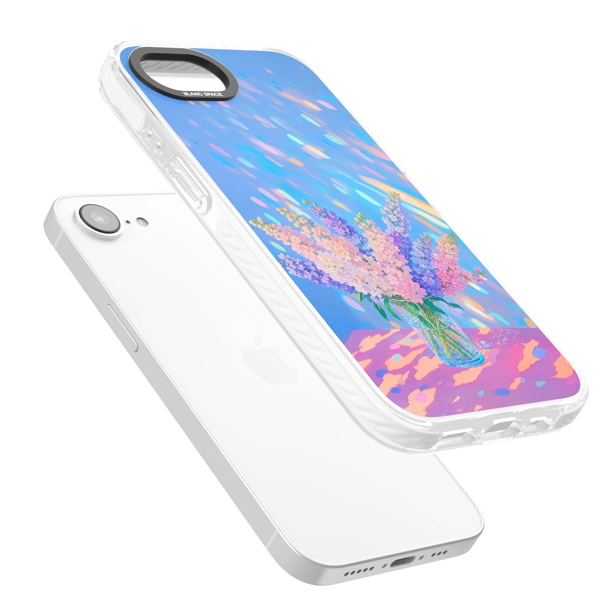 Bubblegum Flowers floral iPhone case featuring pastel lilac and pink bouquet in a glass vase with iridescent light | Impact Magsafe case for iPhone 16e, iPhone 17e