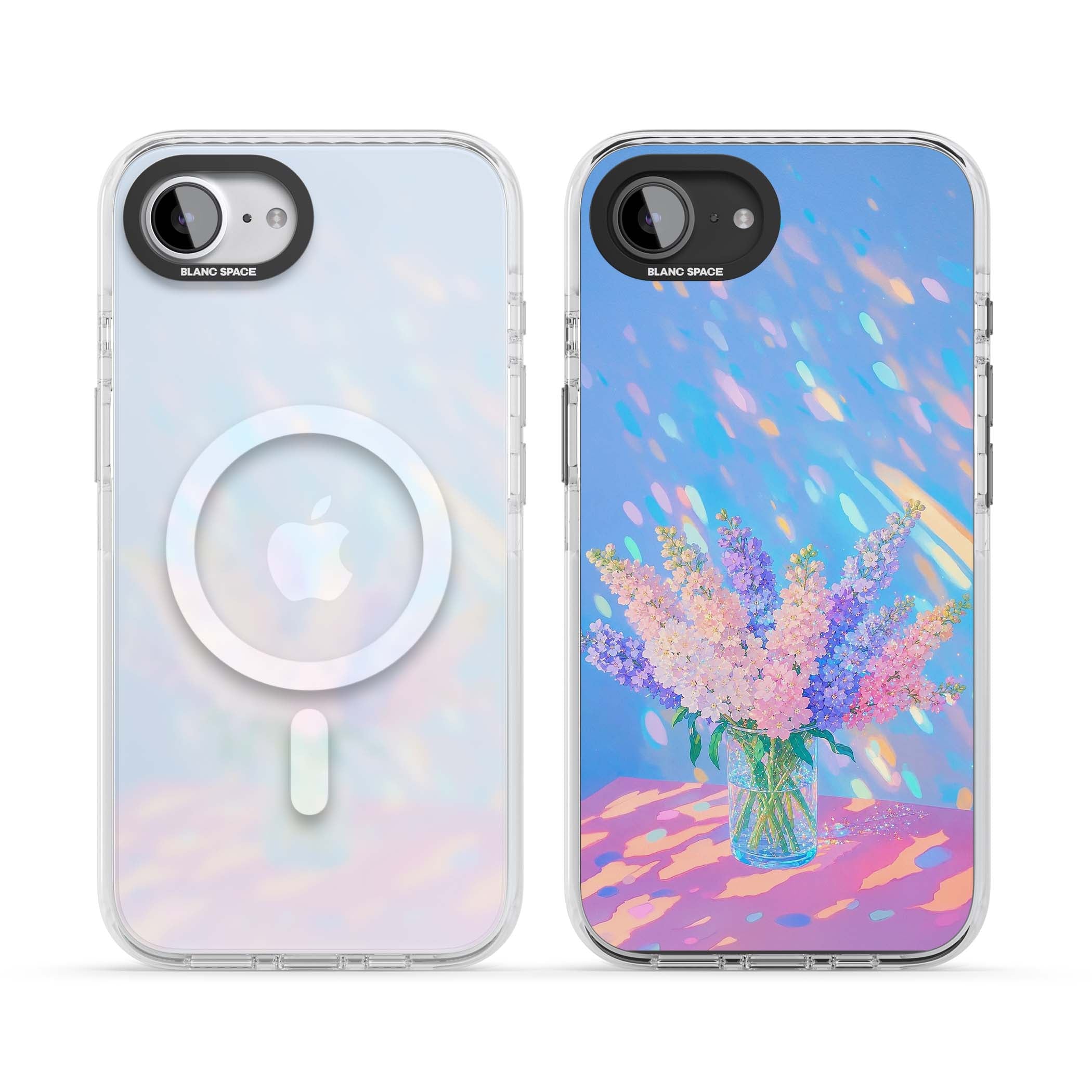 Bubblegum Flowers floral iPhone case featuring pastel lilac and pink bouquet in a glass vase with iridescent light | Impact Magsafe case for iPhone 16e, iPhone 17e