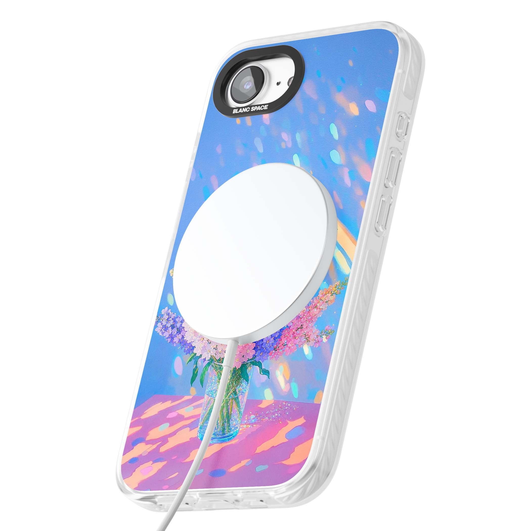 Bubblegum Flowers floral iPhone case featuring pastel lilac and pink bouquet in a glass vase with iridescent light | Impact Magsafe case for iPhone 16e, iPhone 17e