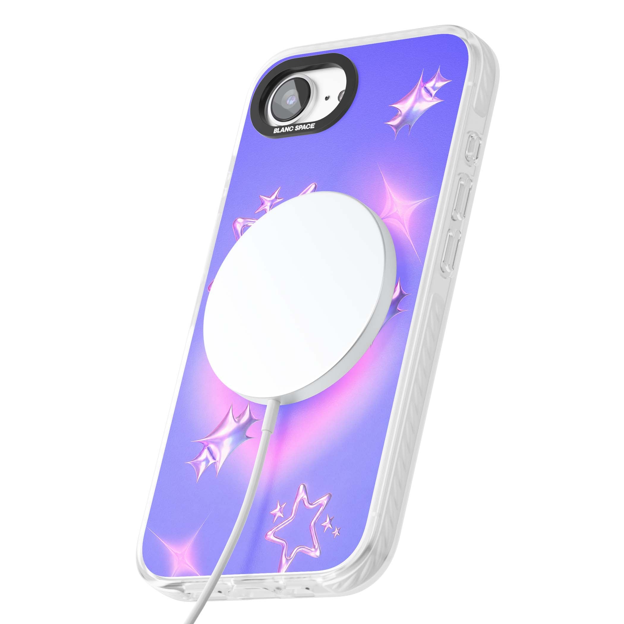 Soft Sugar Y2K iPhone case featuring iridescent chrome hearts, metallic pink stars and a lavender gradient sky | Impact Magsafe case for iPhone 16e, iPhone 17e