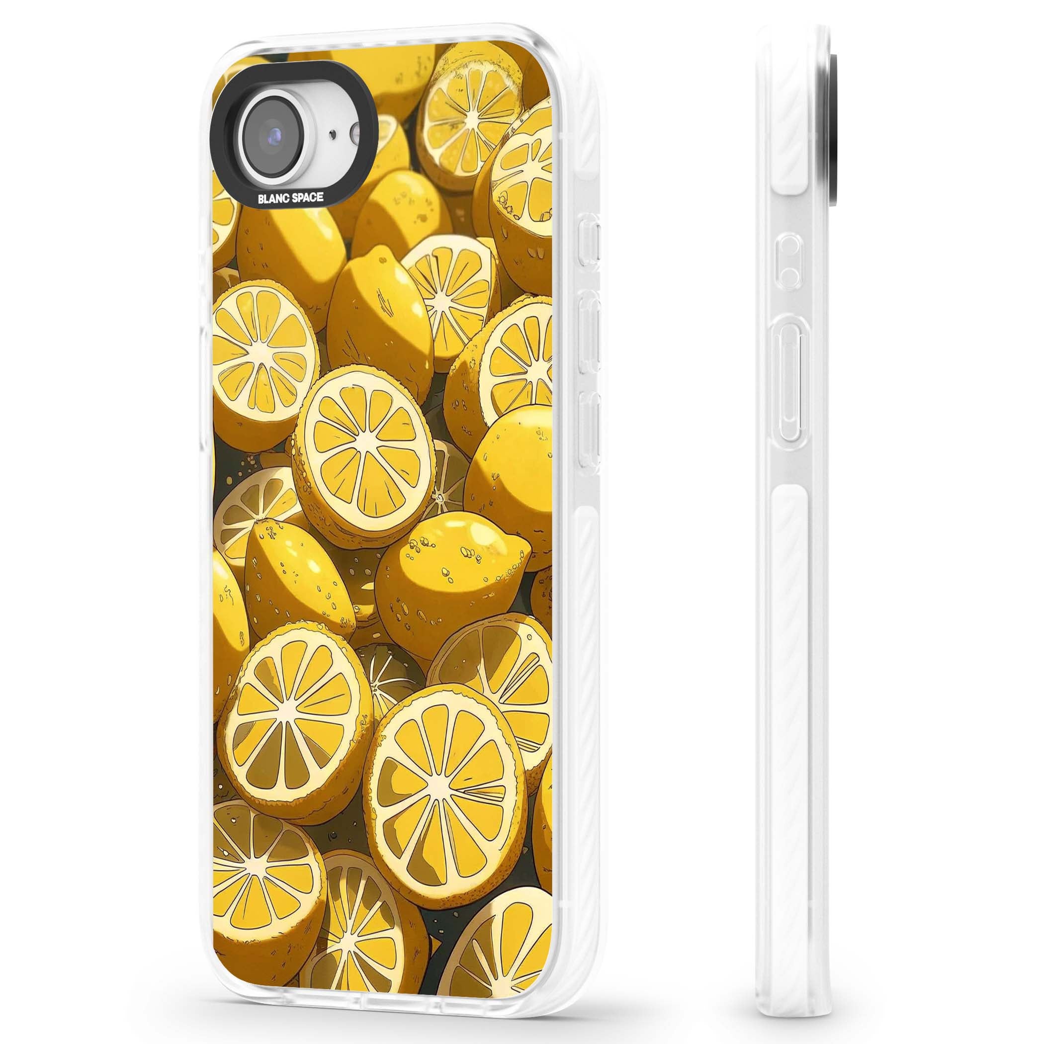 Zesty coastal iPhone case featuring illustrated Mediterranean lemons and citrus slices in golden yellow | Impact Magsafe case for iPhone 16e, iPhone 17e