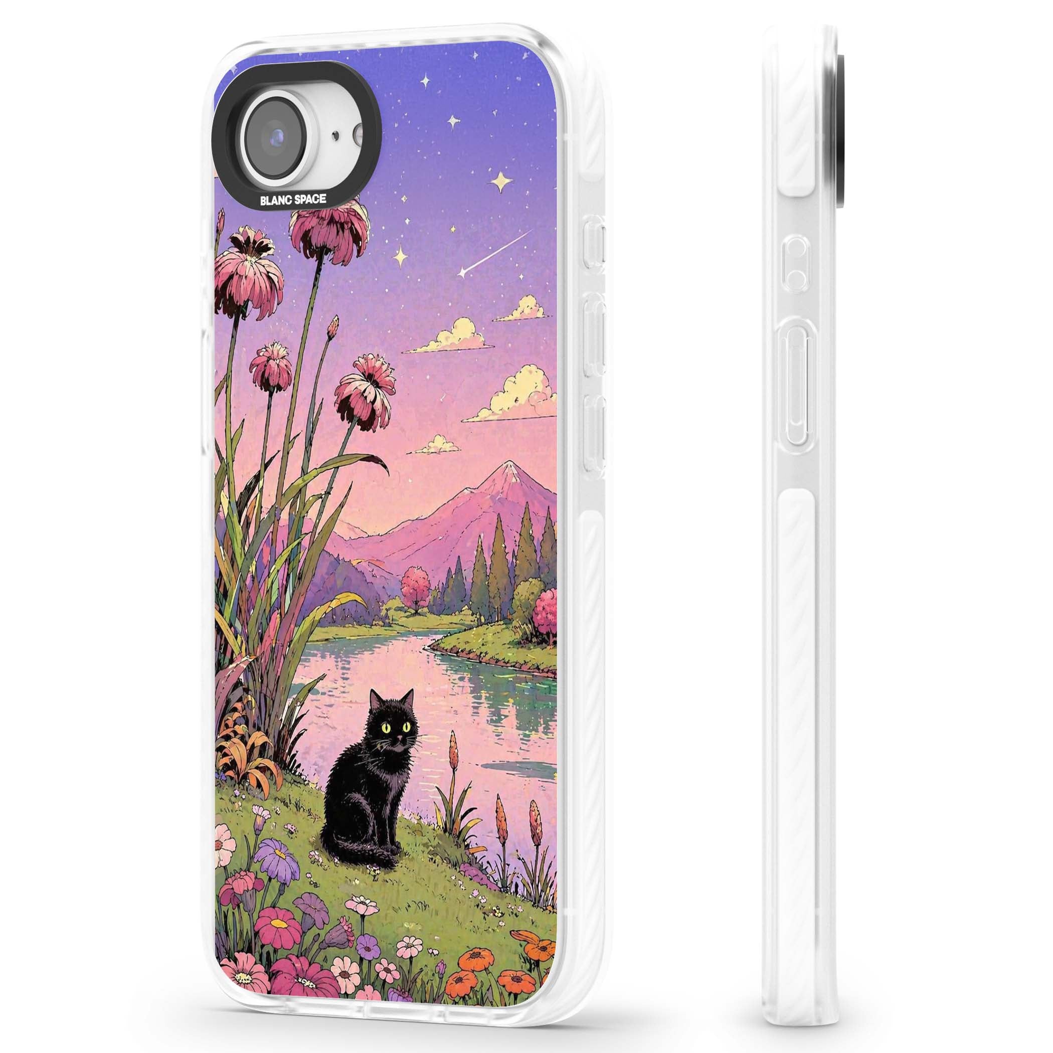 Mystic Whiskers ghibli iPhone case featuring a black cat by a pastel lake, wildflowers and a starry sunset sky | Clear Impact case for iPhone 16e, iPhone 17e
