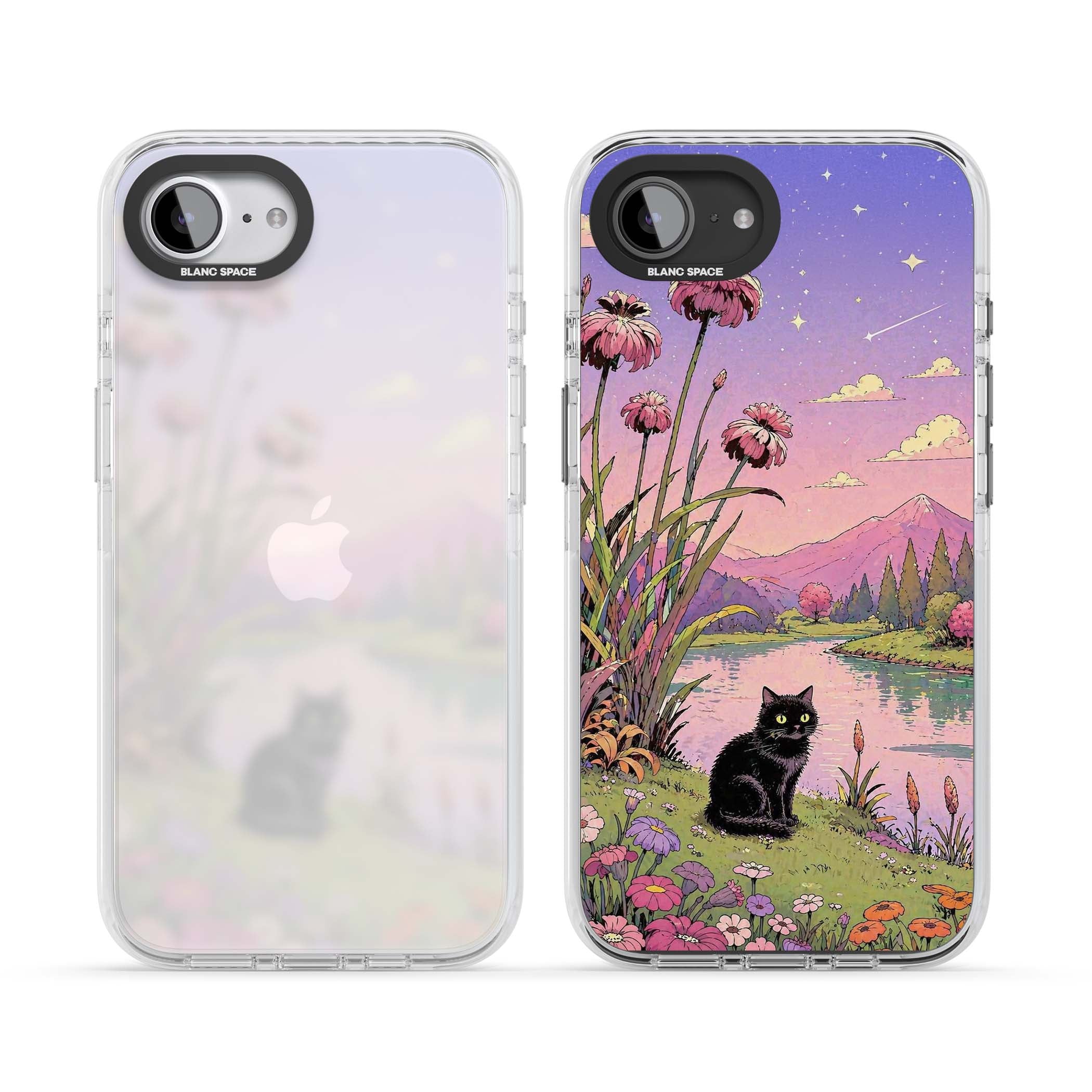 Mystic Whiskers ghibli iPhone case featuring a black cat by a pastel lake, wildflowers and a starry sunset sky | Clear Impact case for iPhone 16e, iPhone 17e