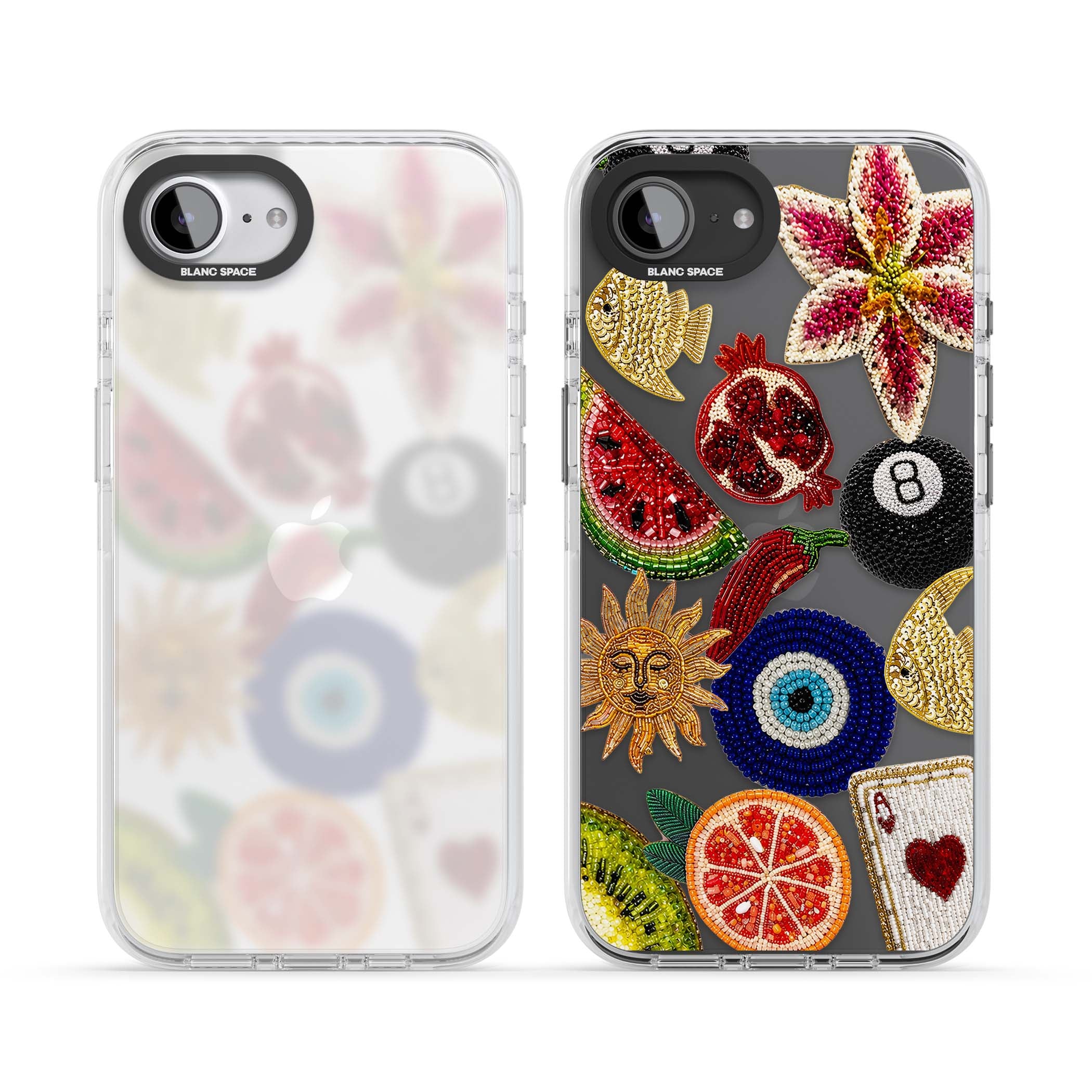 Beaded Charms embroidery iPhone case featuring beaded evil eye, fruit patches and a golden sun motif | Clear Impact case for iPhone 16e, iPhone 17e