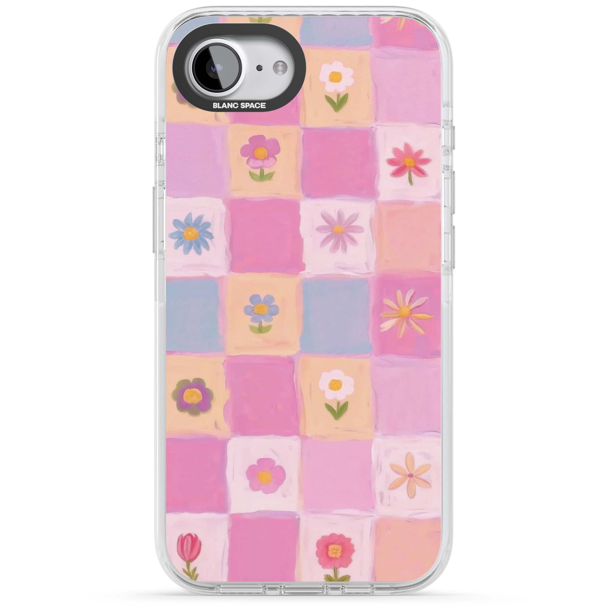 Pastel Flower Patchwork cottagecore iPhone case featuring painted pink and lilac squares with daisies and wildflowers | Clear Impact case for iPhone 16e, iPhone 17e
