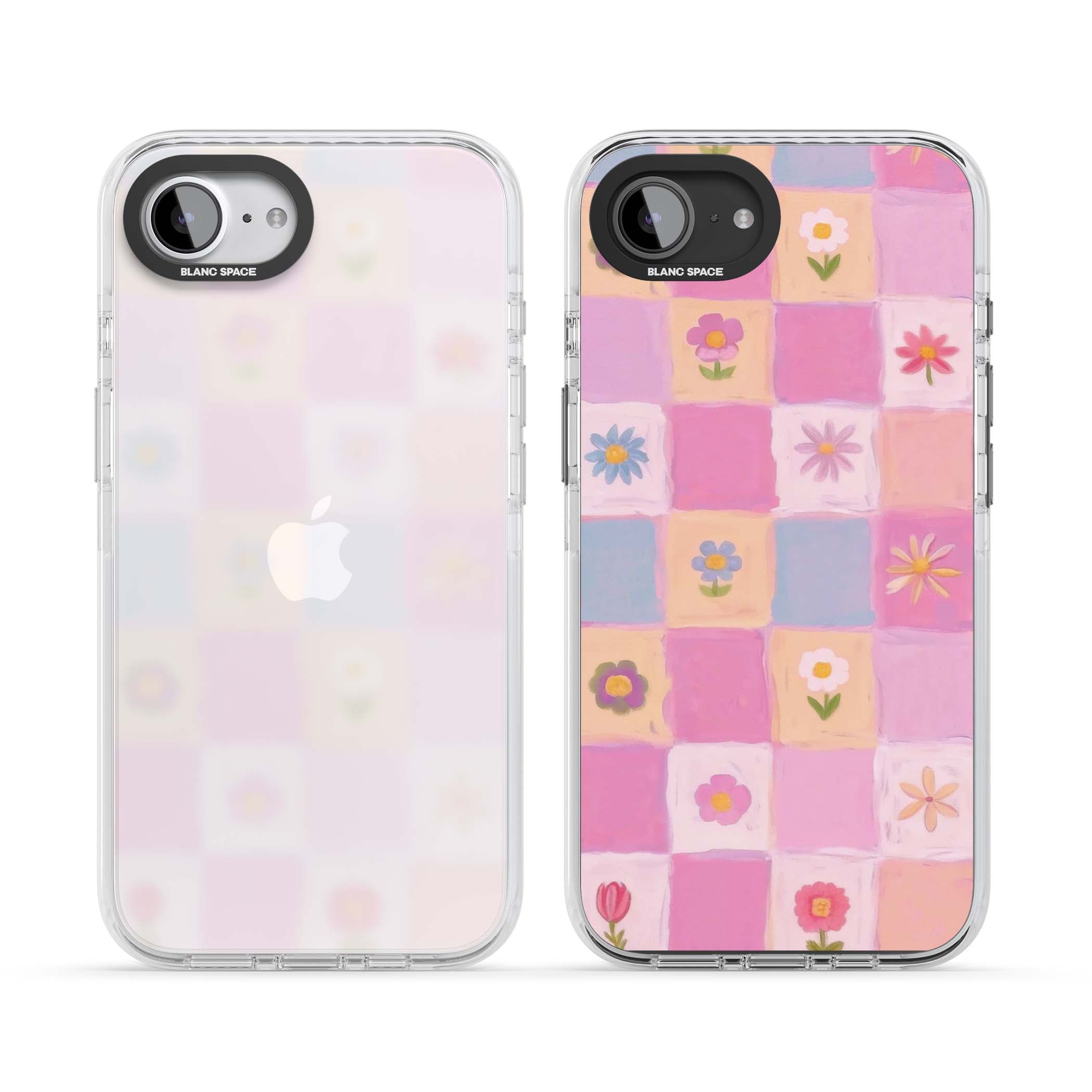 Pastel Flower Patchwork cottagecore iPhone case featuring painted pink and lilac squares with daisies and wildflowers | Clear Impact case for iPhone 16e, iPhone 17e