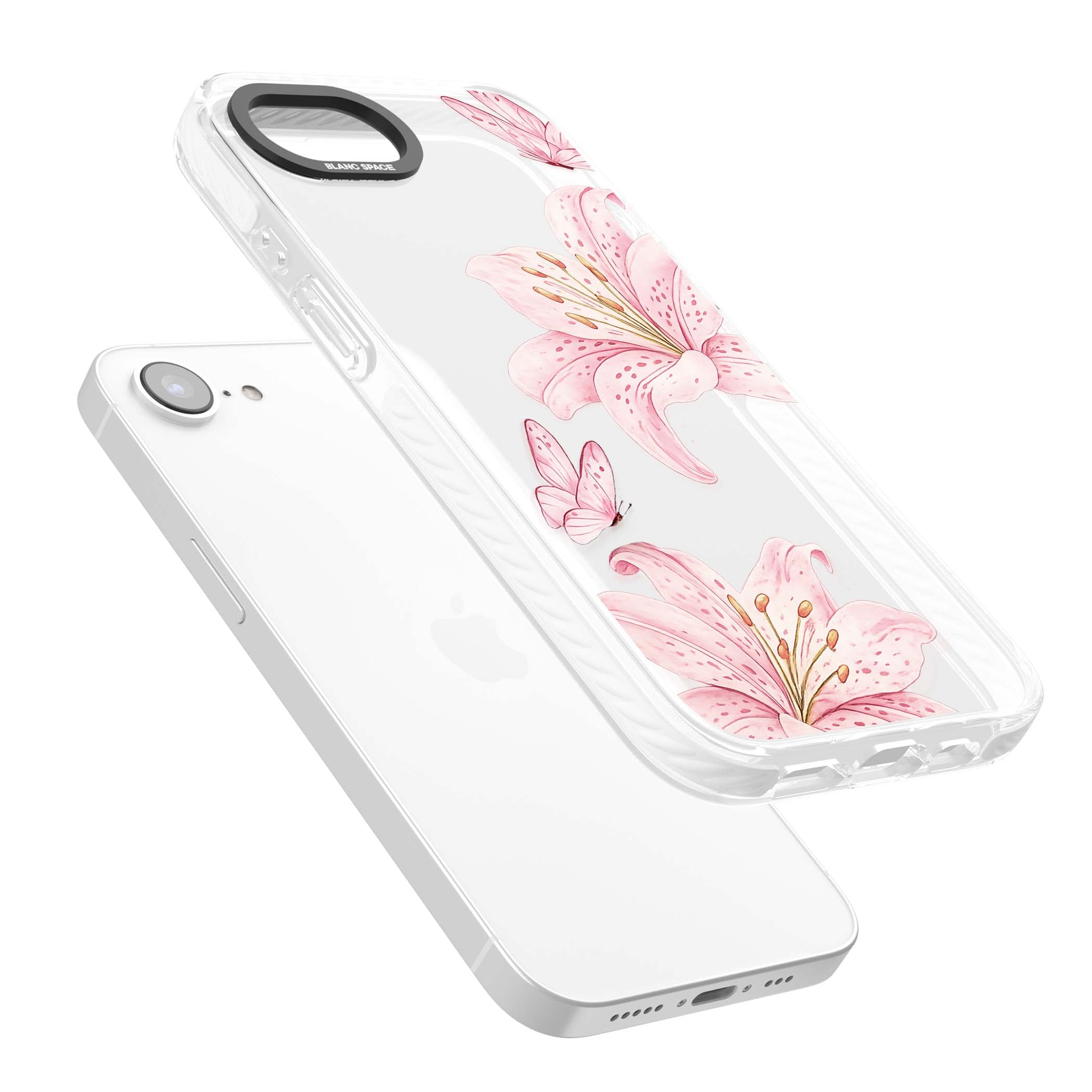 Lily Whisper floral iPhone case featuring pink watercolour lilies and delicate butterflies on a clear background | Clear Impact case for iPhone 16e, iPhone 17e