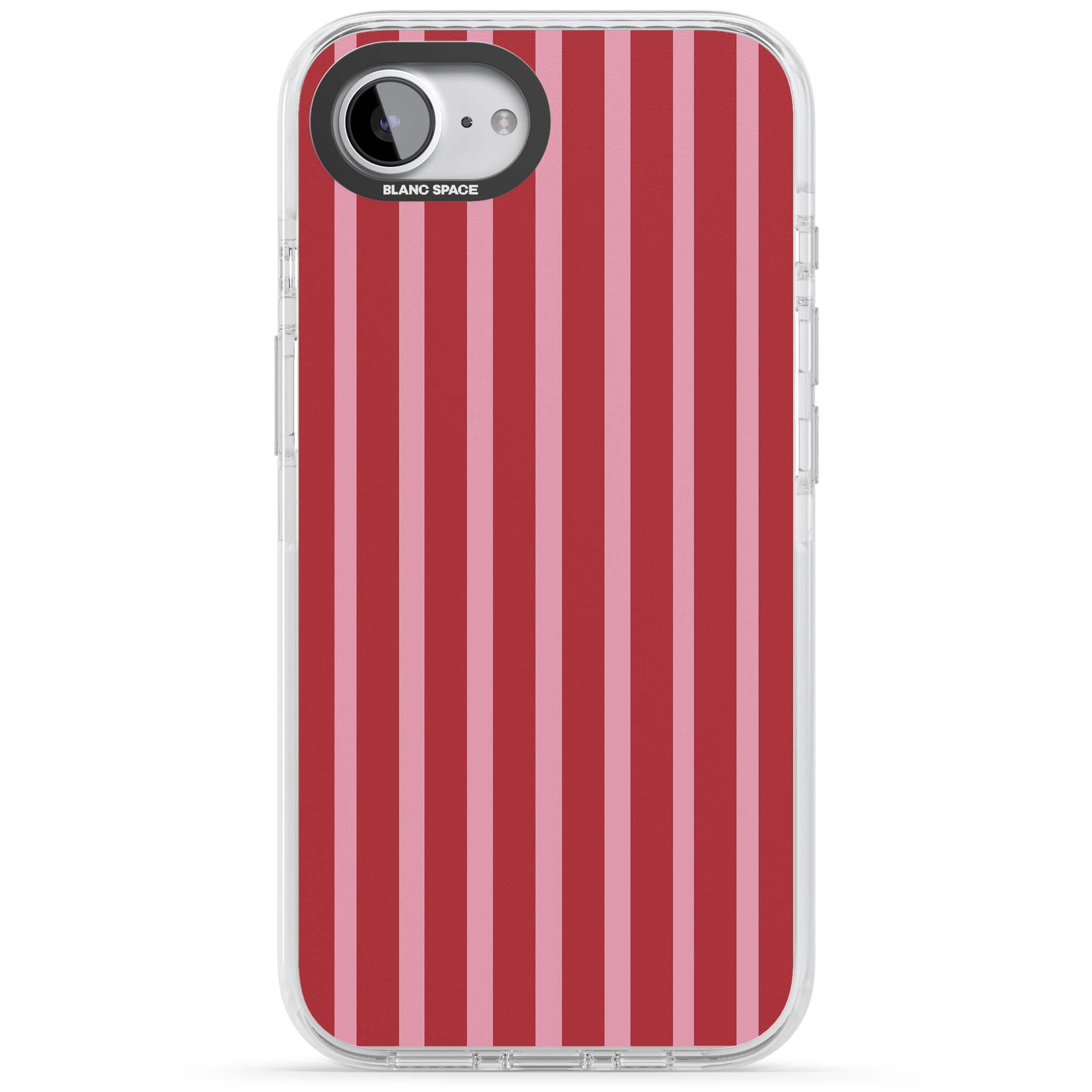 Raspberry Stripe coquette iPhone case featuring red and pink vertical stripes in a candy-inspired pattern | Clear Impact case for iPhone 16e, iPhone 17e