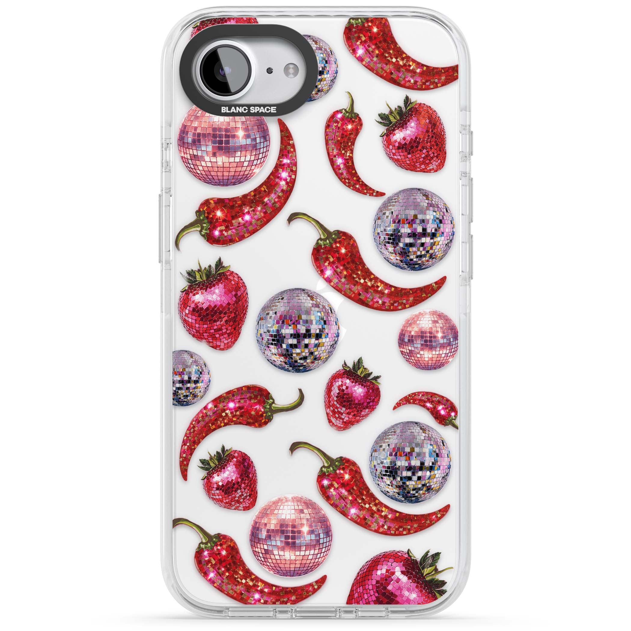 Spicy Disco Y2K iPhone case featuring glitter disco balls, sparkly strawberries and red chilli peppers | Clear Impact case for iPhone 16e, iPhone 17e