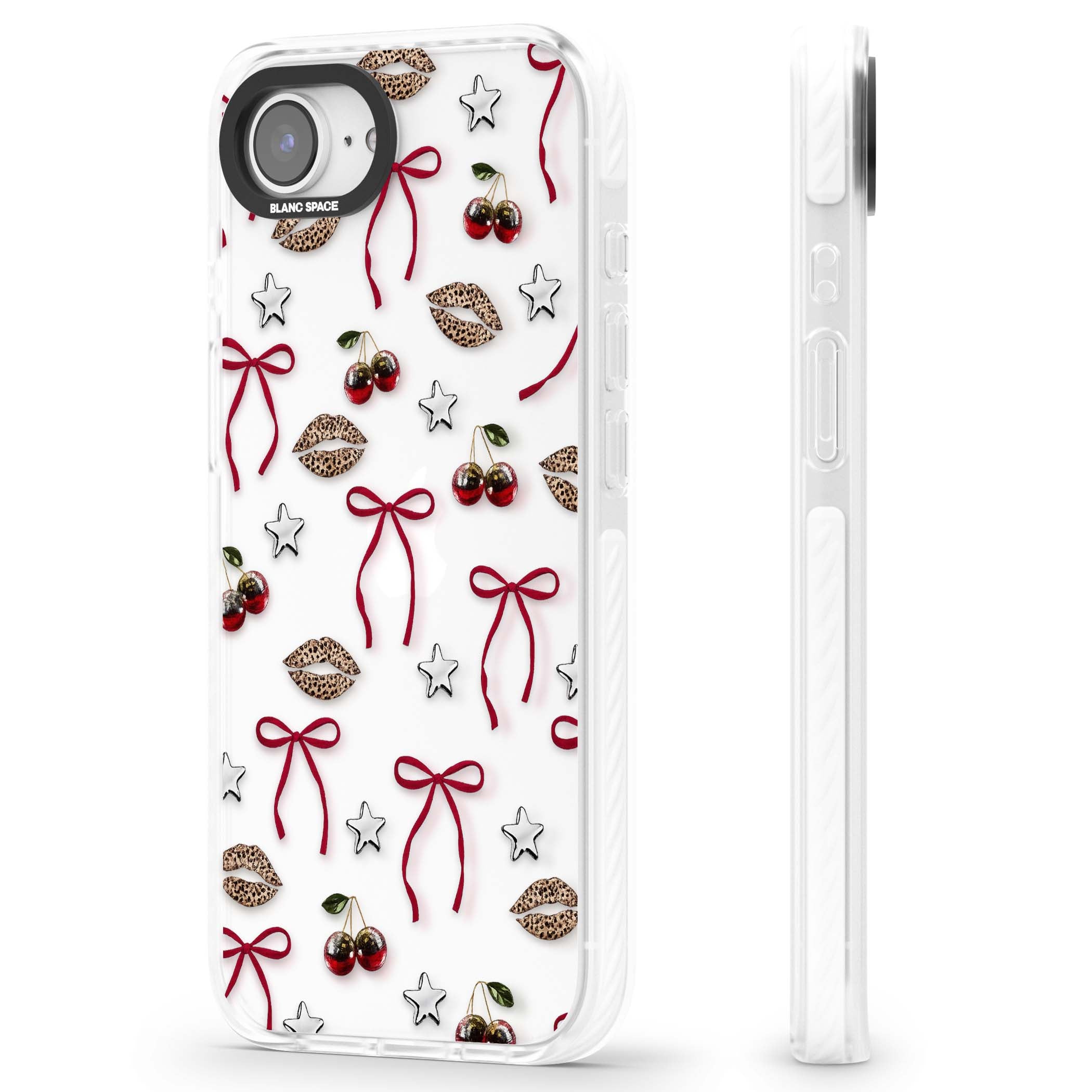 Starlet coquette iPhone case featuring red ribbon bows, disco cherries and leopard-print lips | Clear Impact case for iPhone 16e, iPhone 17e
