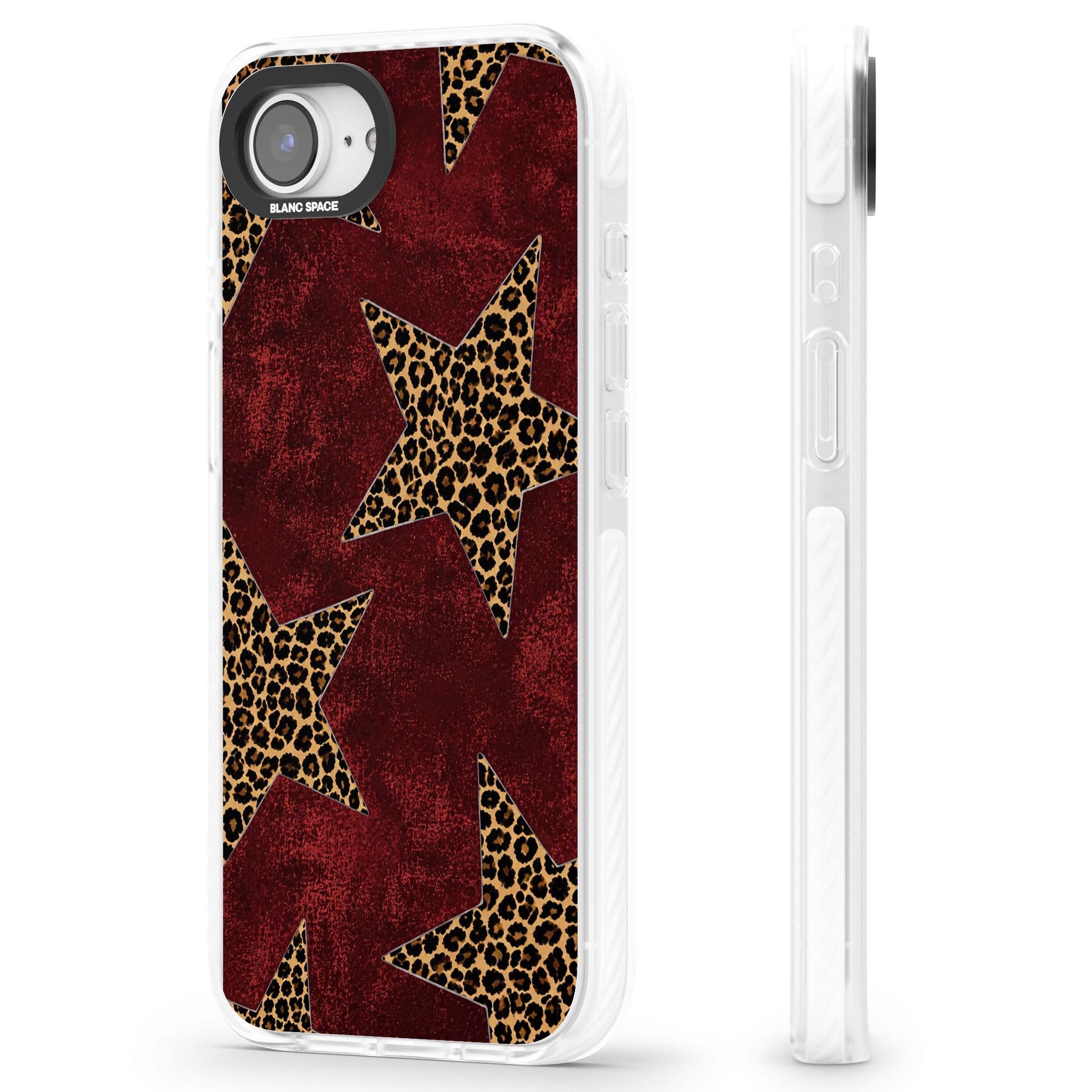 Showgirl leopard print iPhone case featuring cheetah print stars on distressed red grunge background | Clear Impact case for iPhone 16e, iPhone 17e