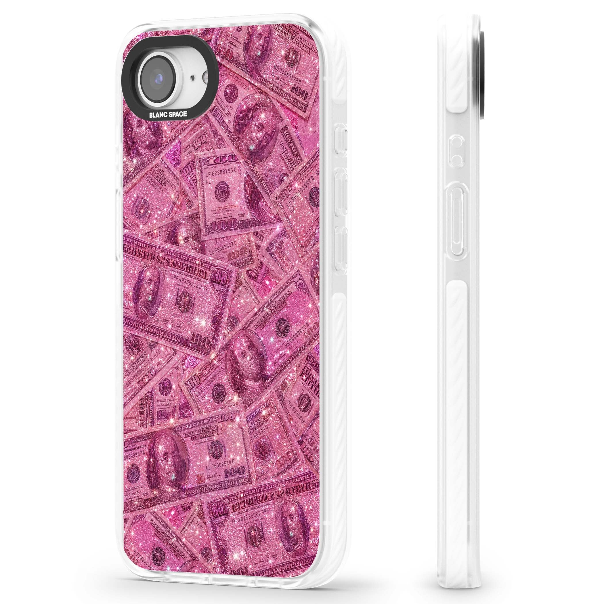 Glamorous baddie iPhone case featuring pink glitter hundred dollar bills and sparkling money wallpaper design | Clear Impact case for iPhone 16e, iPhone 17e