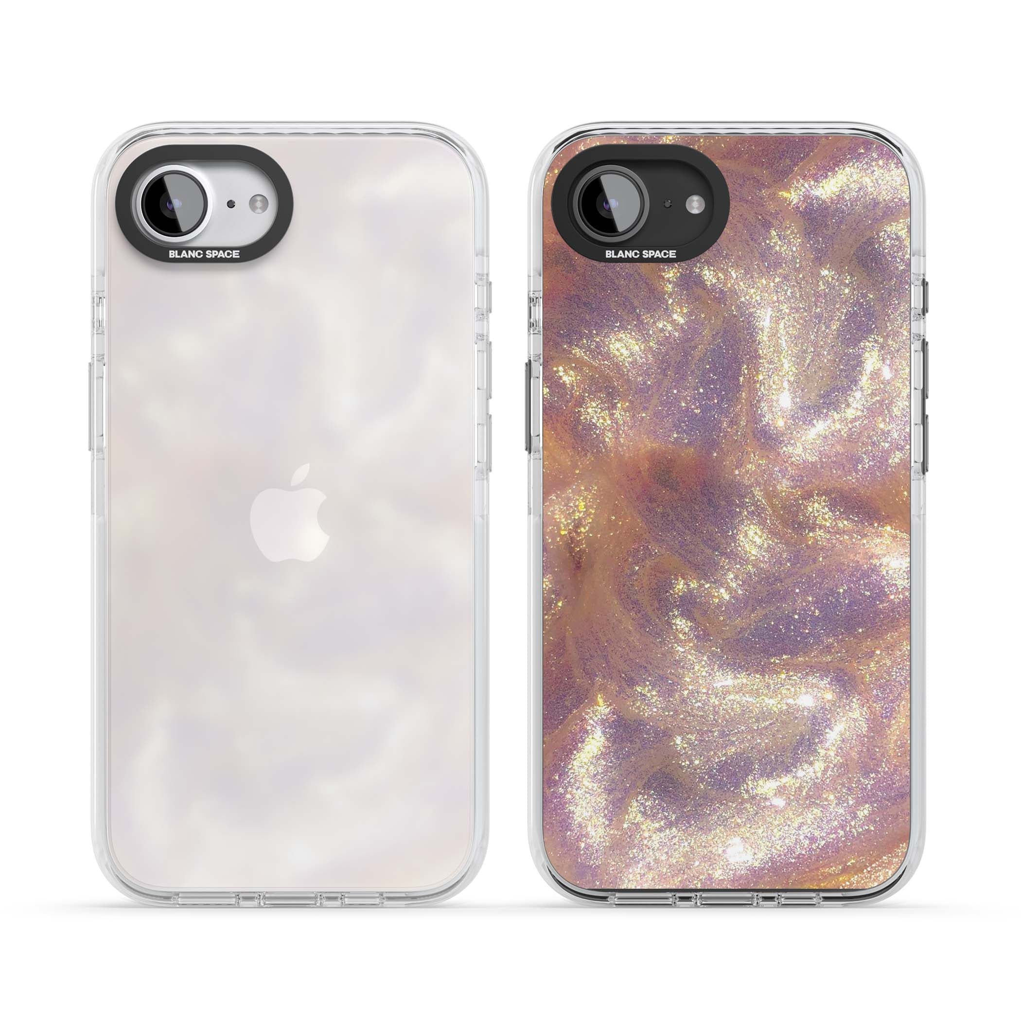 Shimmer marble iPhone case featuring rose gold glitter swirls, lilac shimmer and iridescent pearl finish | Clear Impact case for iPhone 16e, iPhone 17e