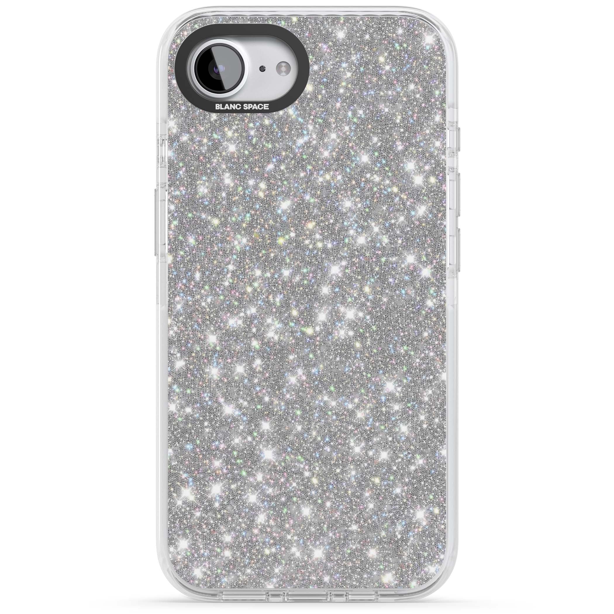 Diamond glam iPhone case featuring silver glitter sparkle and shimmering diamond dust effect | Clear Impact case for iPhone 16e, iPhone 17e