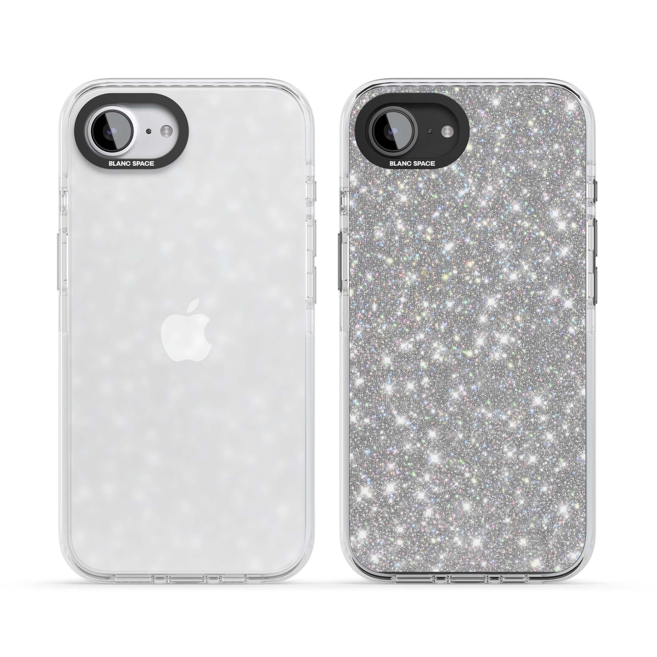 Diamond glam iPhone case featuring silver glitter sparkle and shimmering diamond dust effect | Clear Impact case for iPhone 16e, iPhone 17e