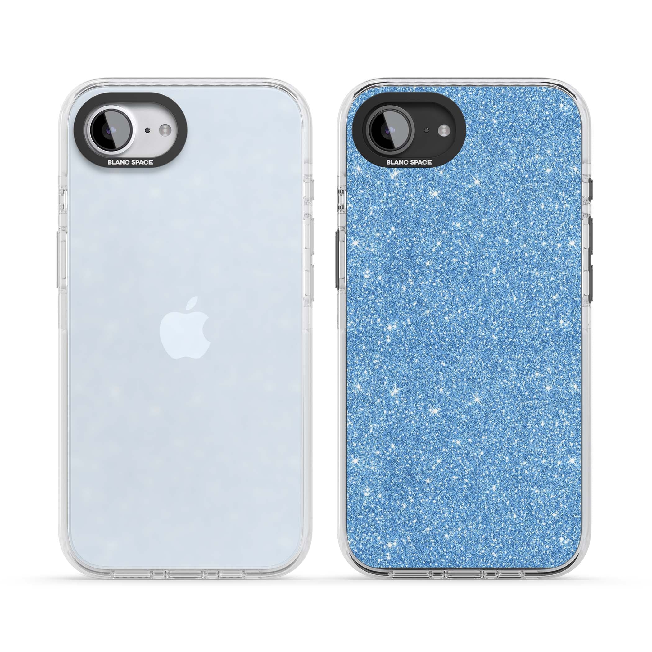 Blue Glitter blue glitter iPhone case featuring dense sparkling cerulean glitter with a glamorous shimmering finish | Clear Impact case for iPhone 16e, iPhone 17e