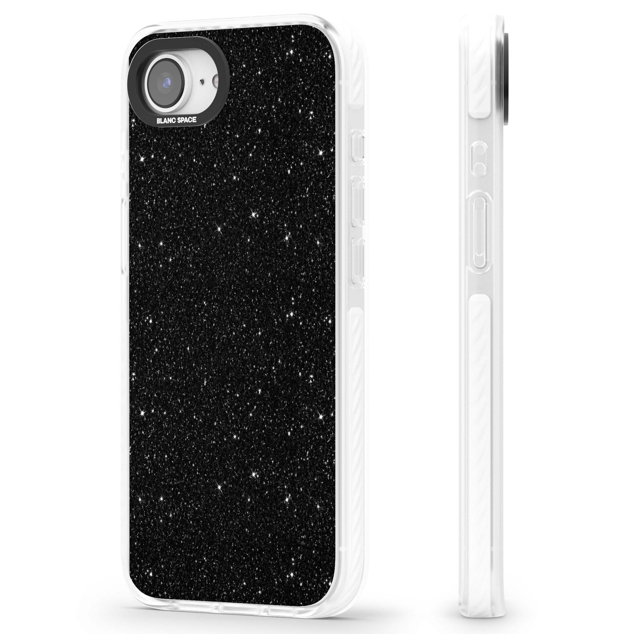 Black Glitter black glitter iPhone case featuring an all-over sparkly shimmer pattern on a jet black base | Clear Impact case for iPhone 16e, iPhone 17e