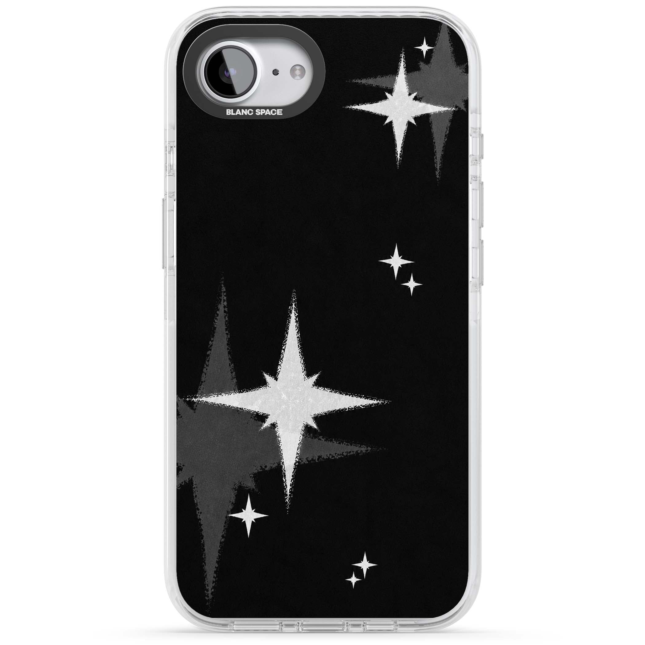 Black Sparkle celestial iPhone case featuring white sparkle stars on a black night sky background | Clear Impact case for iPhone 16e, iPhone 17e