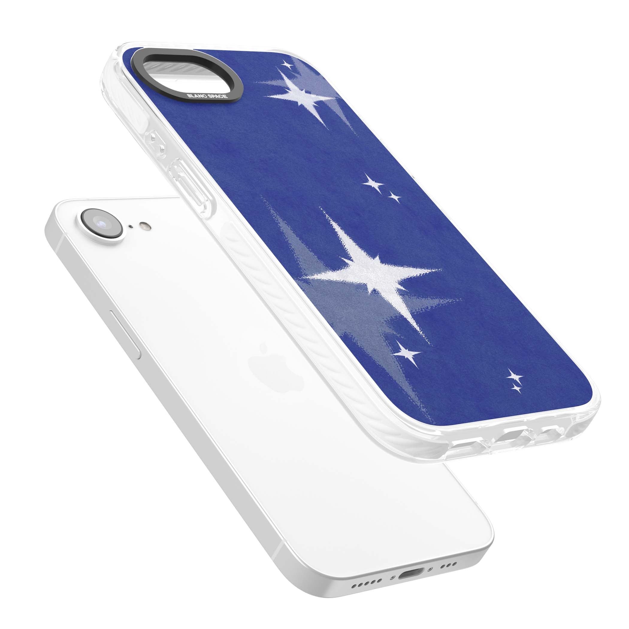 Blue Sparkle celestial iPhone case featuring sparkling silver stars on a deep blue painterly night sky | Clear Impact case for iPhone 16e, iPhone 17e