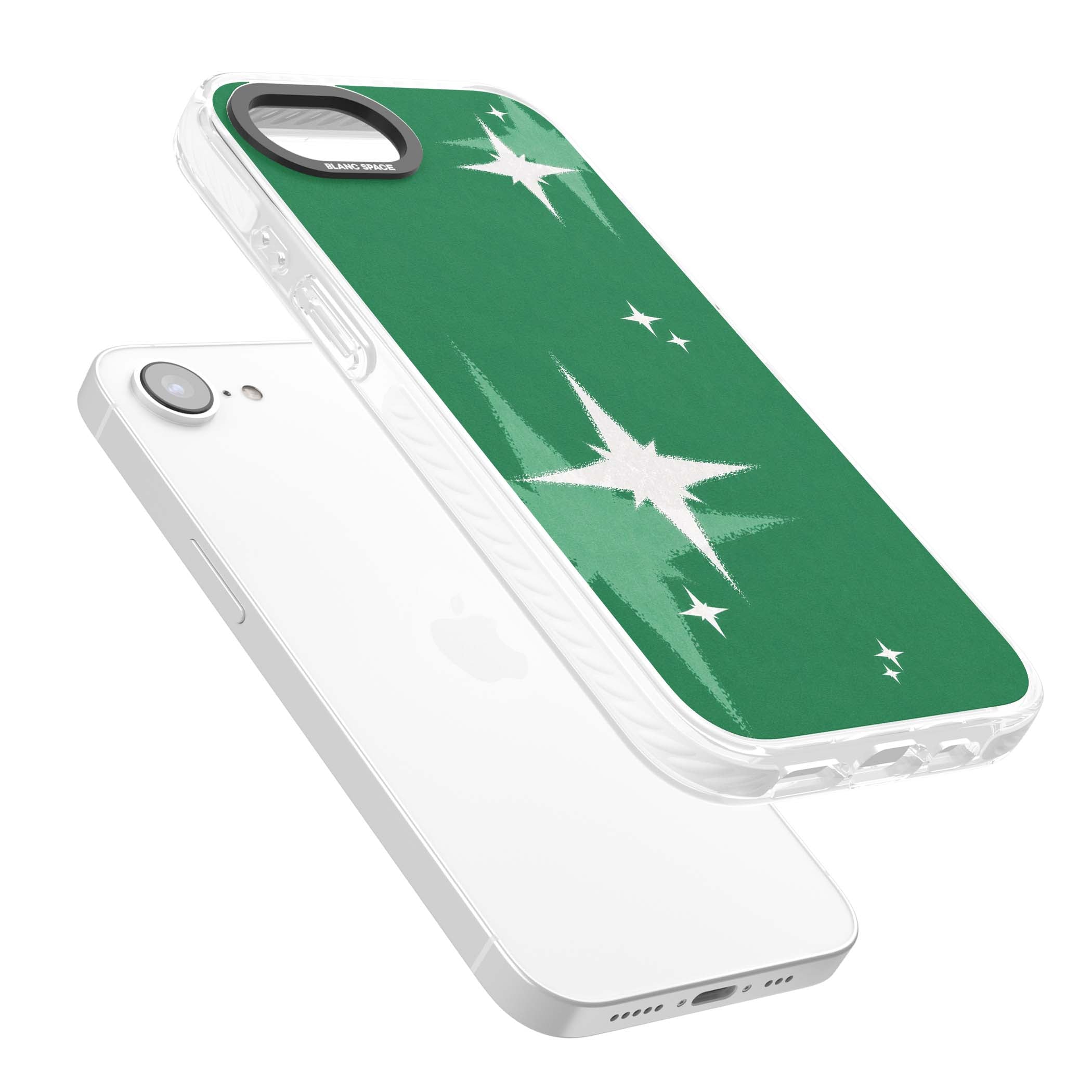Green Sparkle celestial iPhone case featuring sparkling white four-point stars on a deep green background | Clear Impact case for iPhone 16e, iPhone 17e