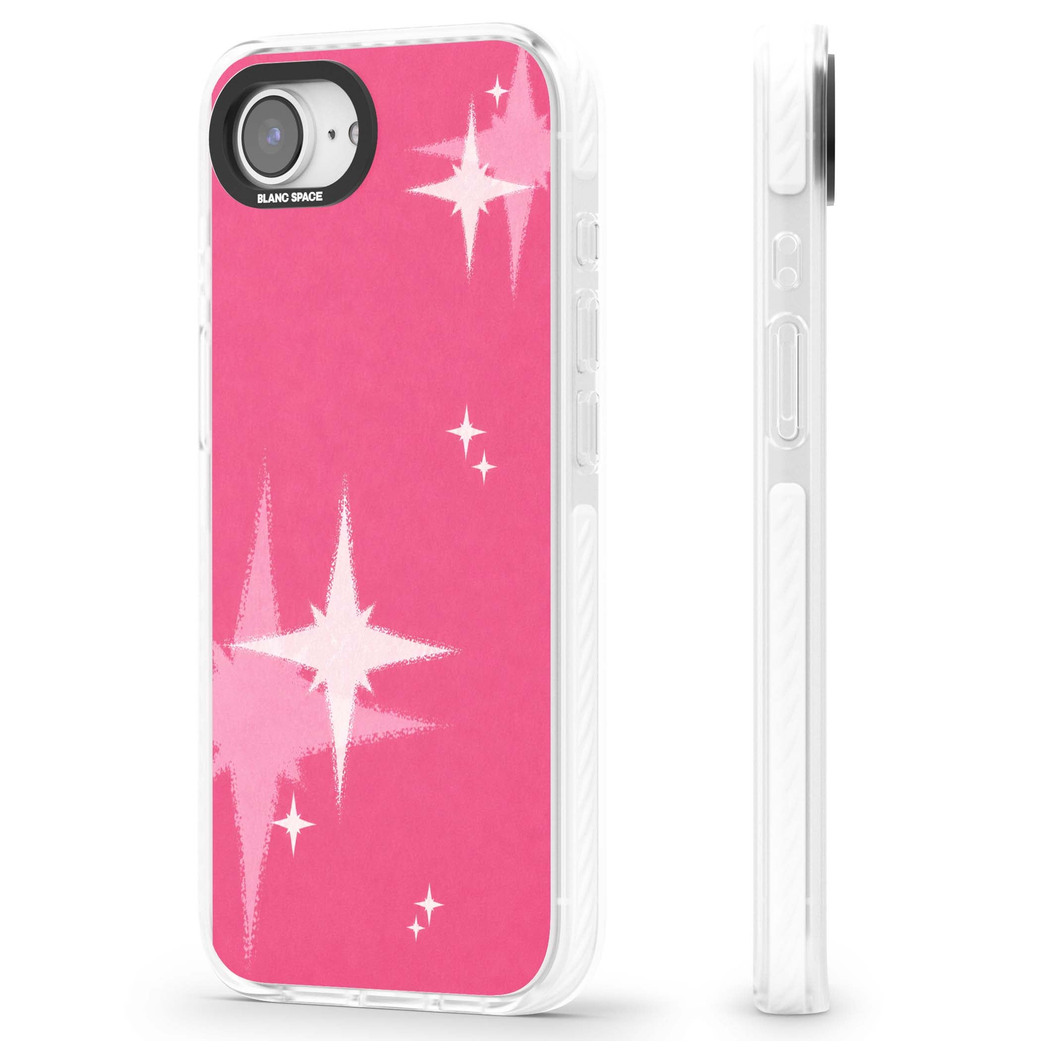 Pink Sparkle Y2K iPhone case featuring hot pink background with shimmering white starburst pattern | Clear Impact case for iPhone 16e, iPhone 17e